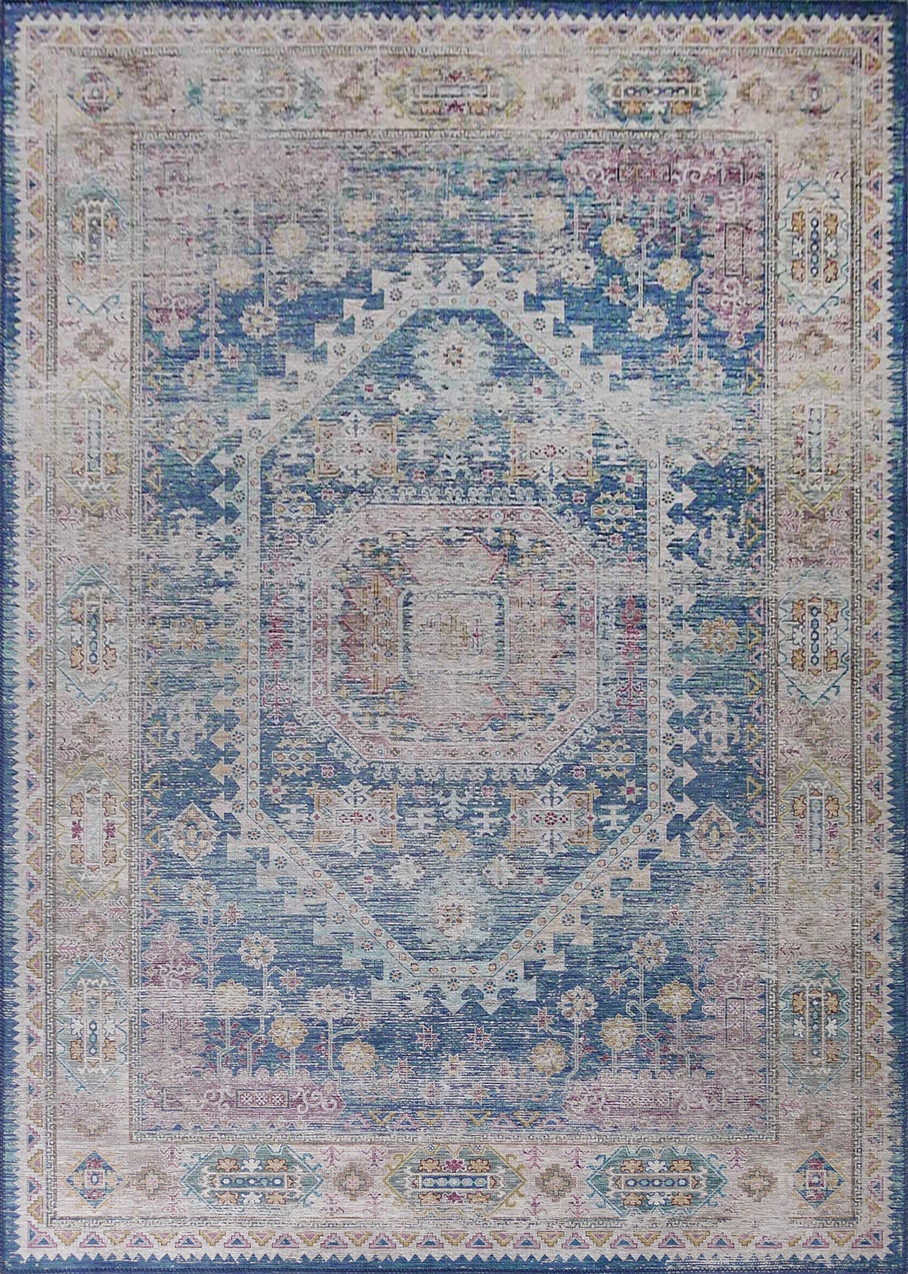 Blue Beige Vintage Faded Distressed Print Style Area Rug/ Carpet