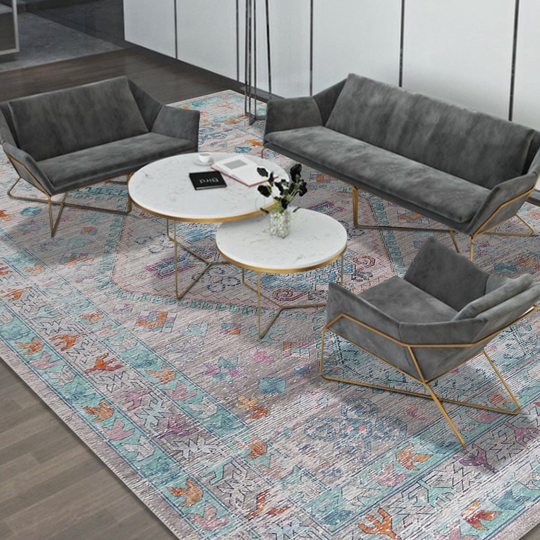 Beige Blue Orange Tones Vintage Faded Print Style Area Rug/ Carpet