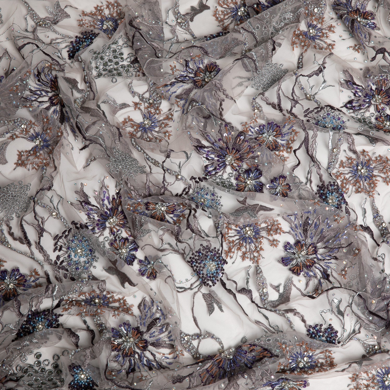 Embroidered Beaded & sequined lace 100% polyester width 50/52" Dark Gray/Purple - Exquisite Fabrics