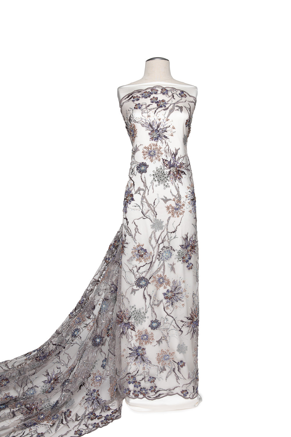 Embroidered Beaded & sequined lace 100% polyester width 50/52" Dark Gray/Purple - Exquisite Fabrics