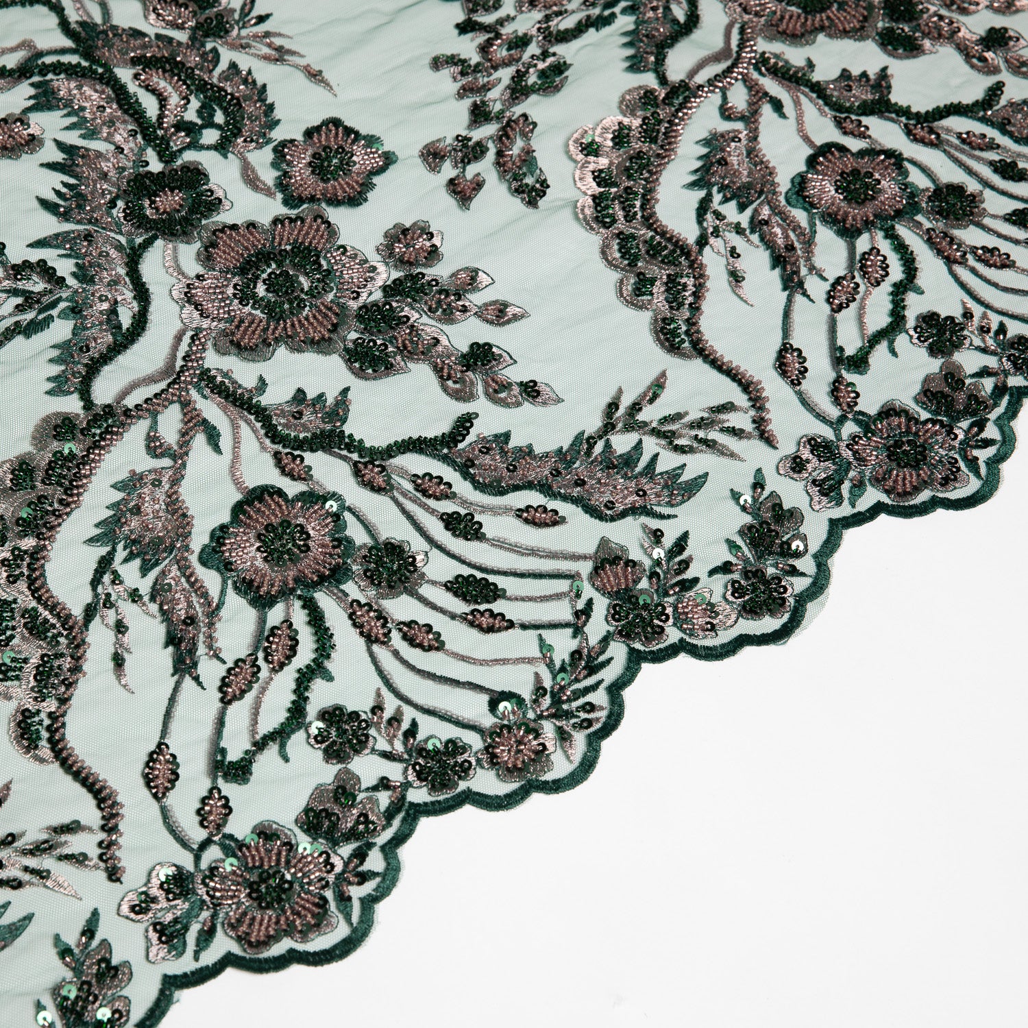 Embroidered Beaded & sequined lace 100% polyester width 50/52" Hunter Green - Exquisite Fabric