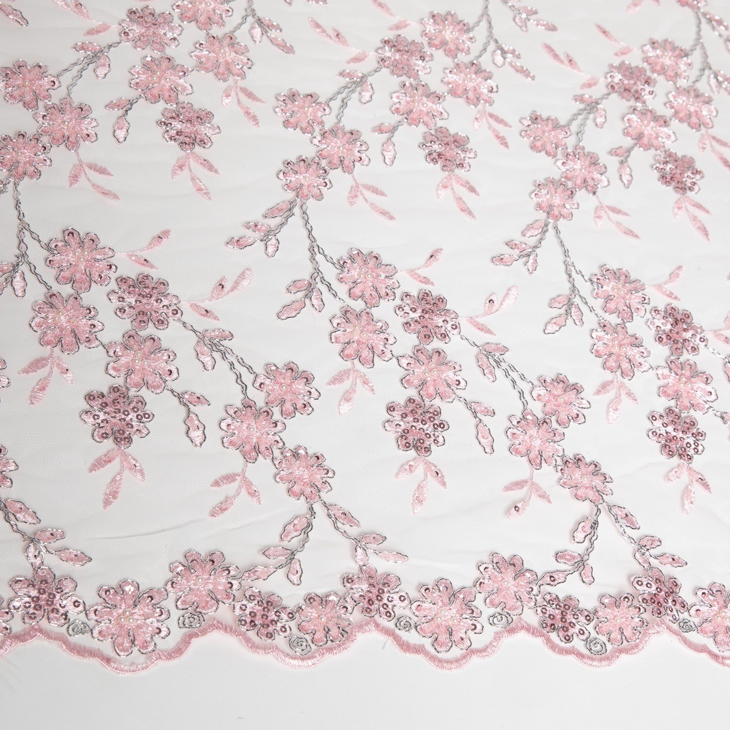 Embroidered Beaded & sequined lace 100% polyester width 50/52" Pink Floral Fabric - Exquisite Fabric