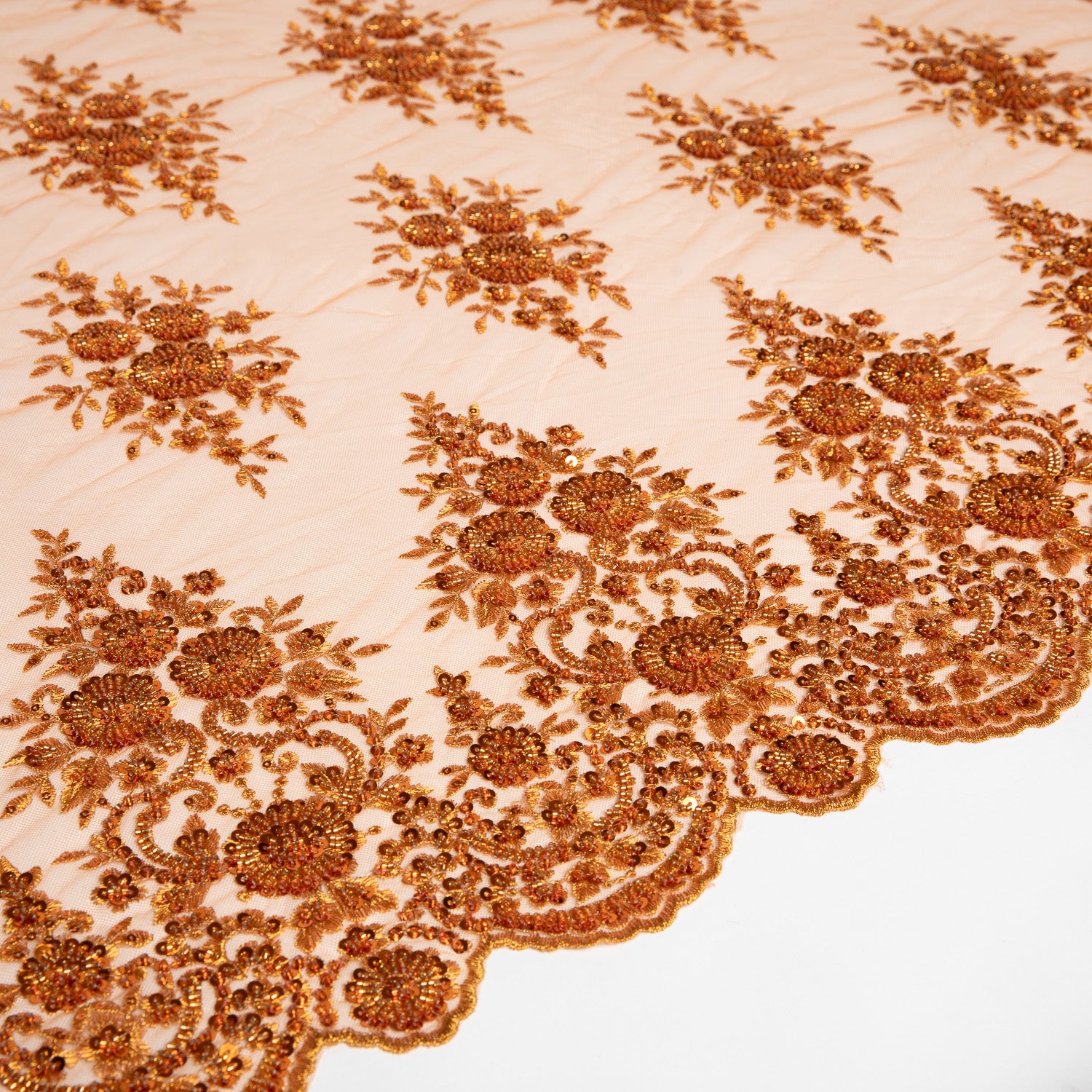 Embroidered Beaded & sequined lace 100% polyester width 50/52" Rust Floral Sequined Fabric - Exquisite Fabric