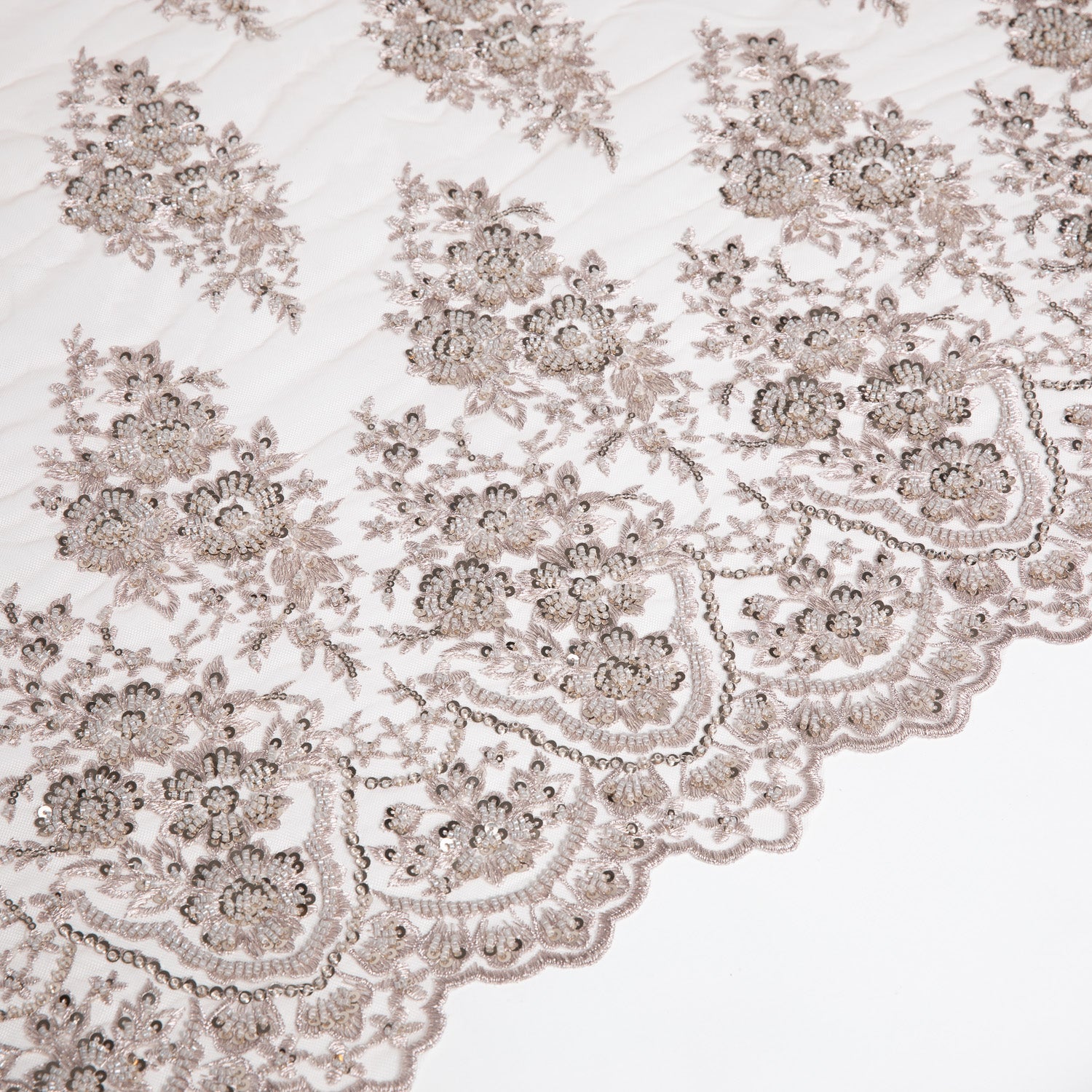 Embroidered Beaded & sequined lace 100% polyester width 50/52" Taupe Floral Sequined Fabric - Exquisite Fabric