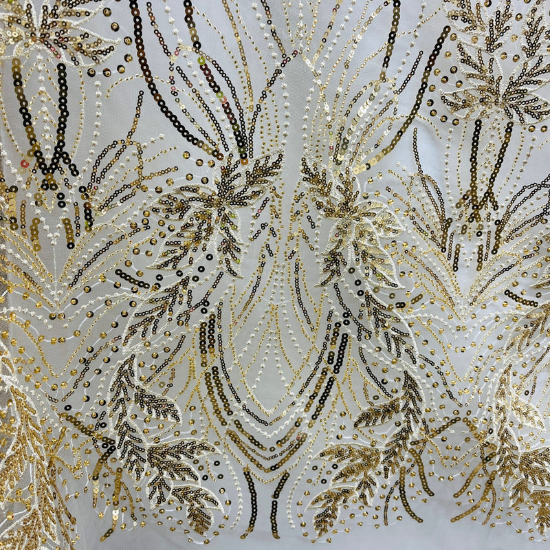 Beaded & Sequined Lace Fabric – Leaf & Vine Design | Lace USA - GD-2918