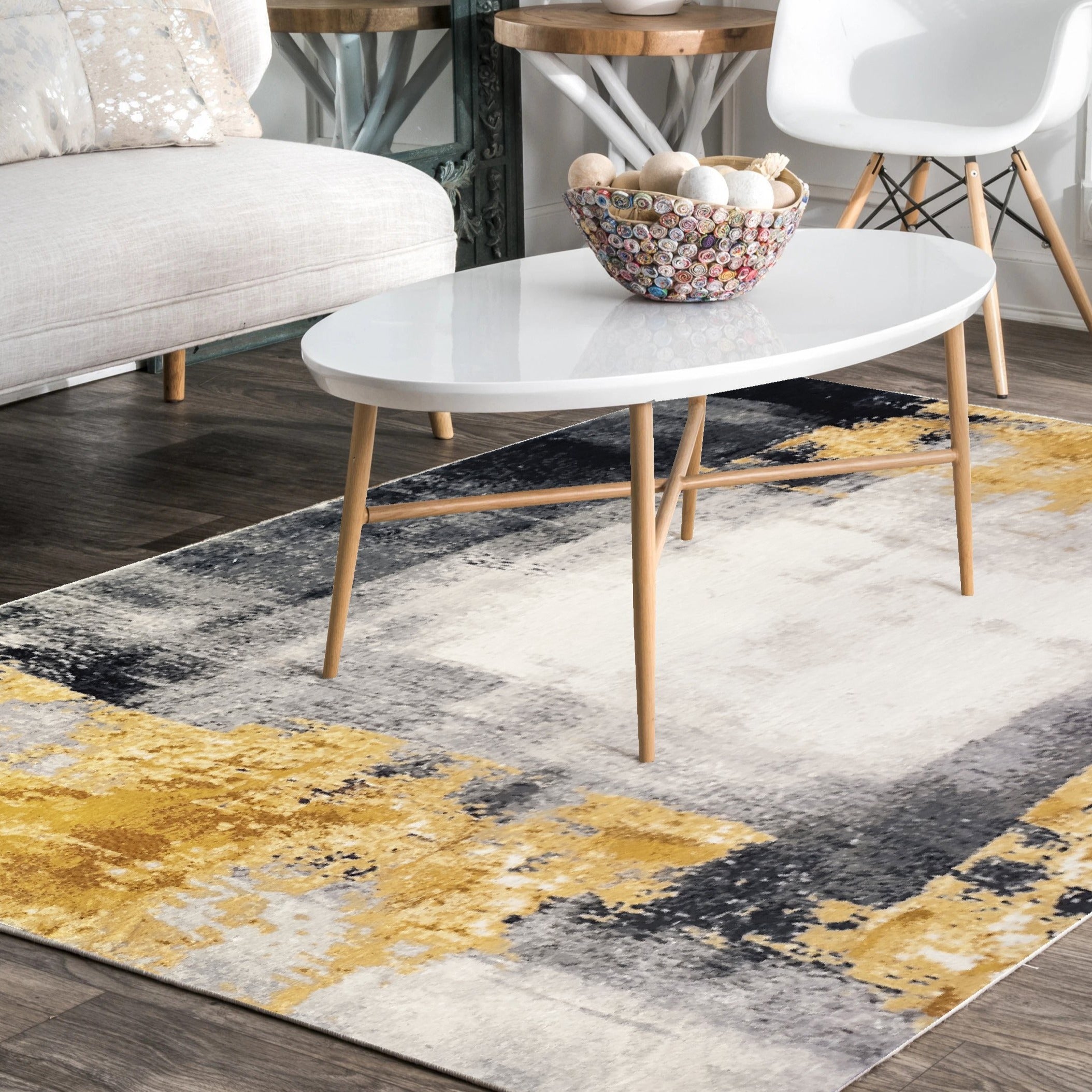 Soft Yellow Abstract Fluffy Cozy Comfortable Print Design Area Rug/ Carpet