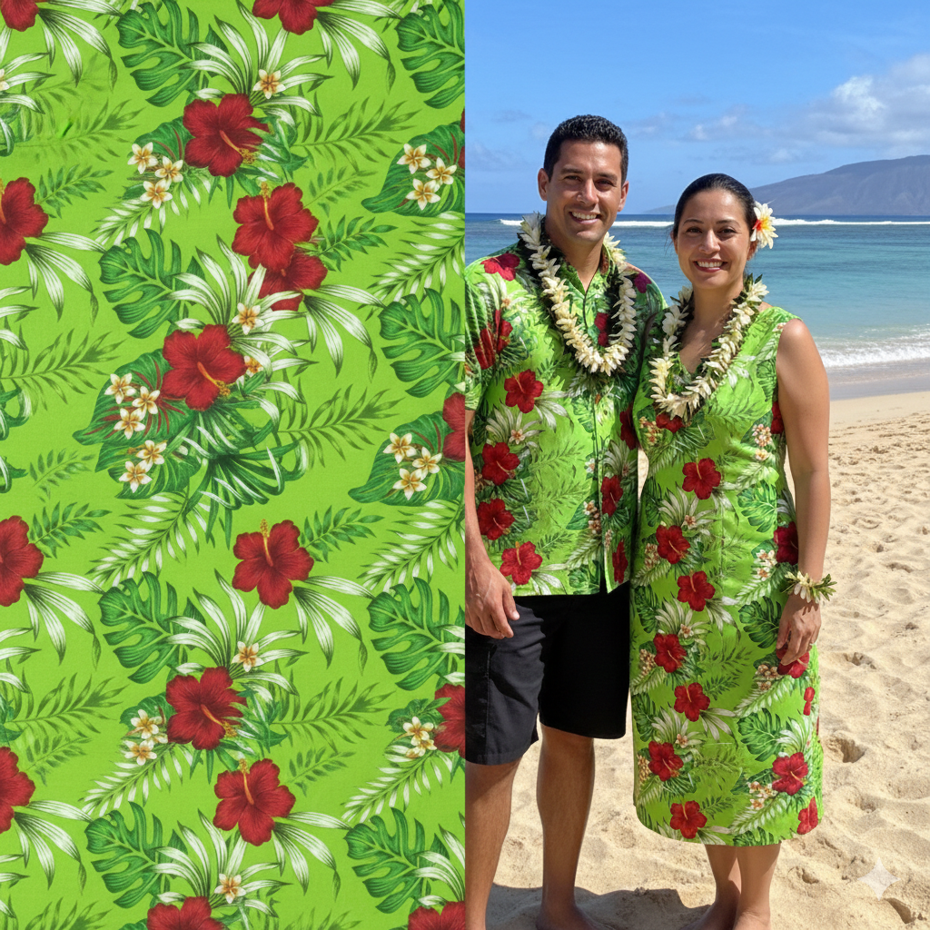 Hibiscus Plumeria Tropical Leaves All Over Design Cotton Fabric | Islands Fabric