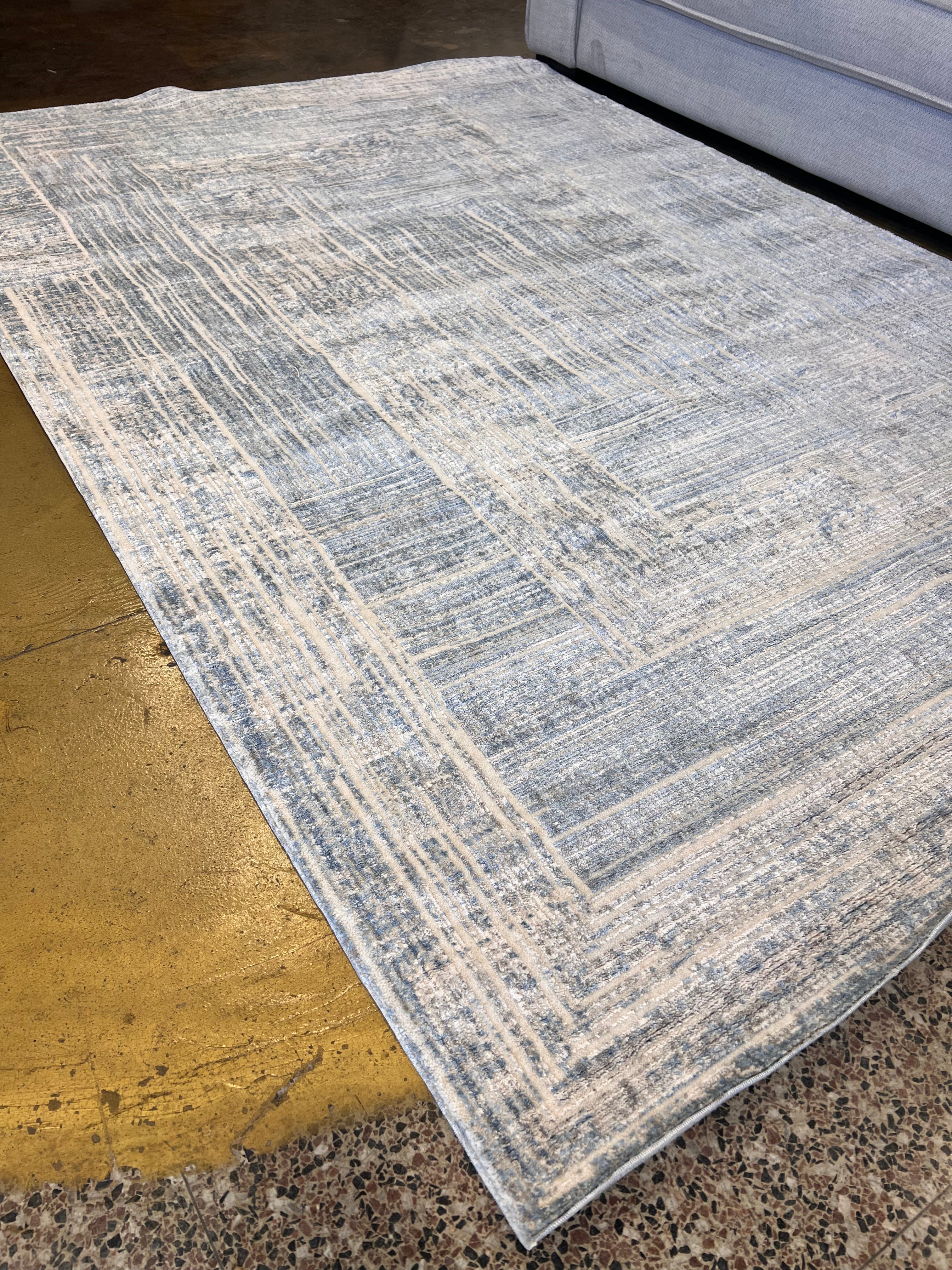 Cream Rug with Geometric Blue, Silver & Charcoal Accents in High-Low Texture - KAI 302