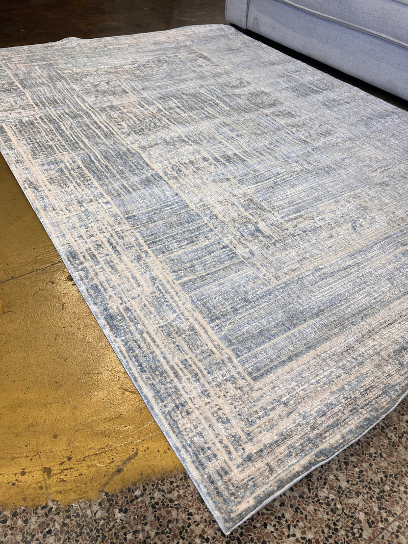 Cream Rug with Geometric Blue, Silver & Charcoal Accents in High-Low Texture - KAI 302