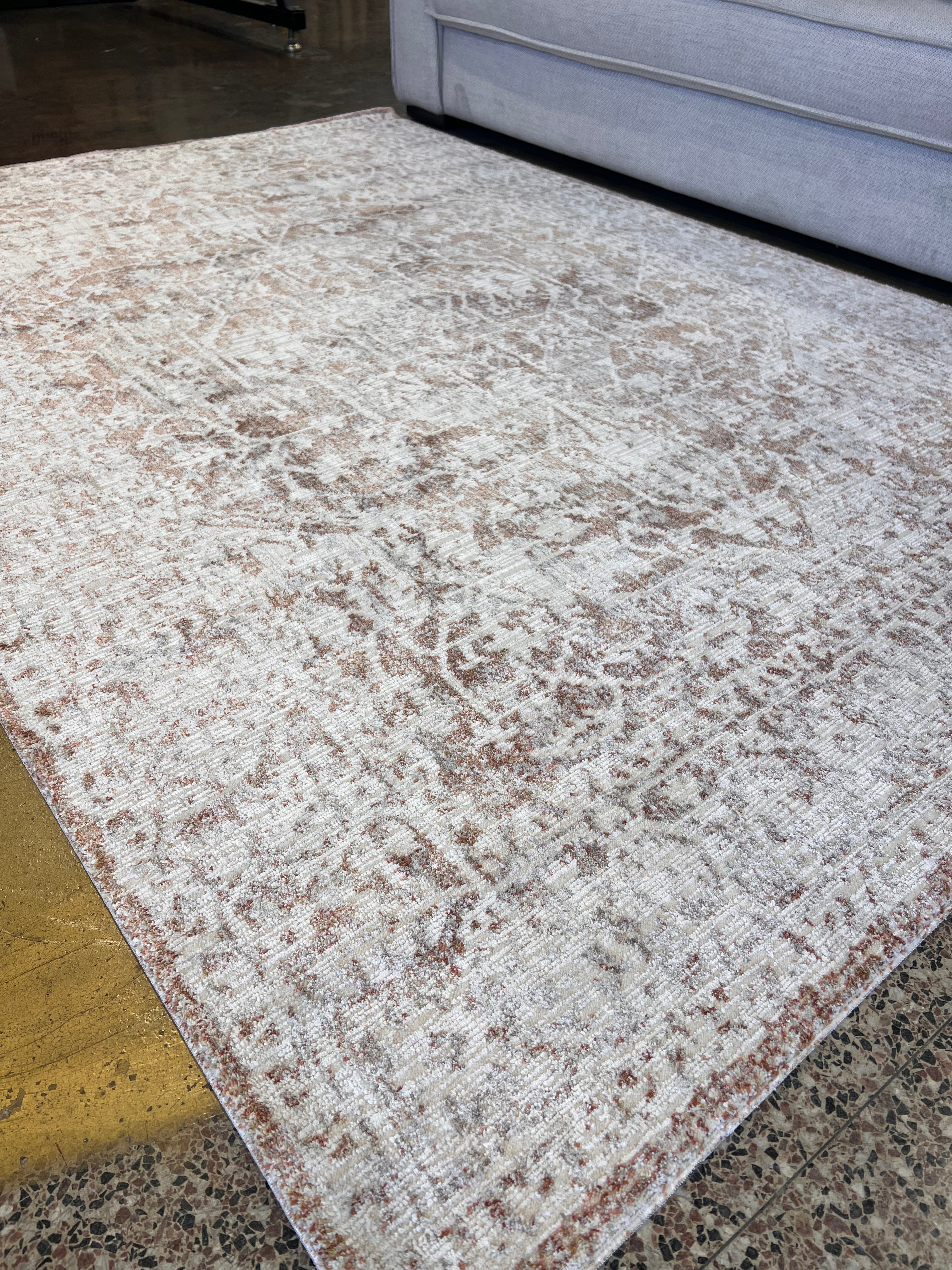 Cream Base Rug with Textured Brick-Toned Oriental Motif and Grey Highlights - KAI 300
