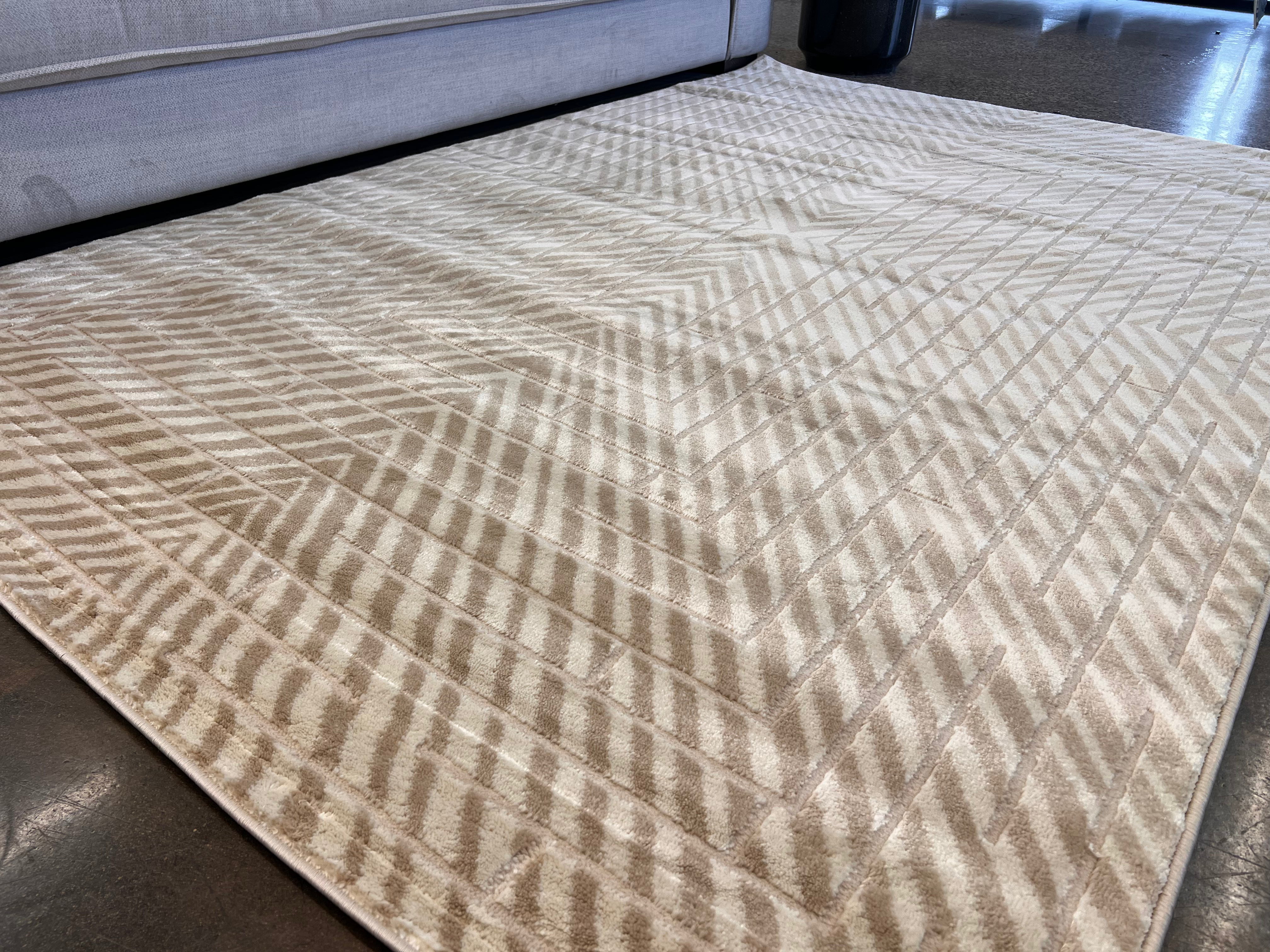 Mirage Geometrical Linear Rug in Sandy Beige with Warm Mocha Tone-on-Tone High-Low Detail - NUDE 25