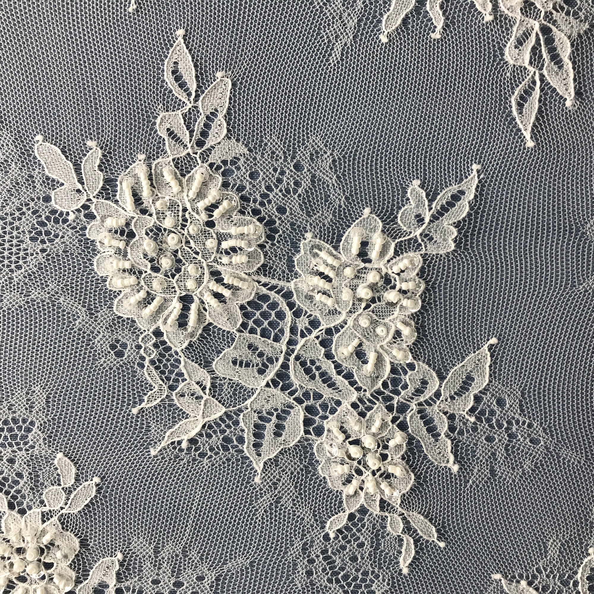 Beaded Chantilly Embroidered Lace Fabric with Eyelash Scallop - 3 Yards | Lace USA - 68136W-BP