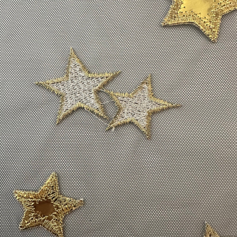 Embroidered Celestial Moon-Star Tulle Polyester Fabric| Spandex Palace