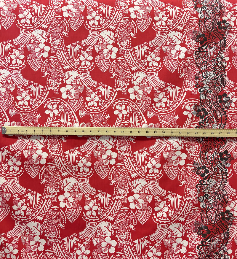 Polynesian Hibiscus & Plumeria Flowers Traditional Tattoo Single Border Poly-Cotton Fabric | Islands Fabric