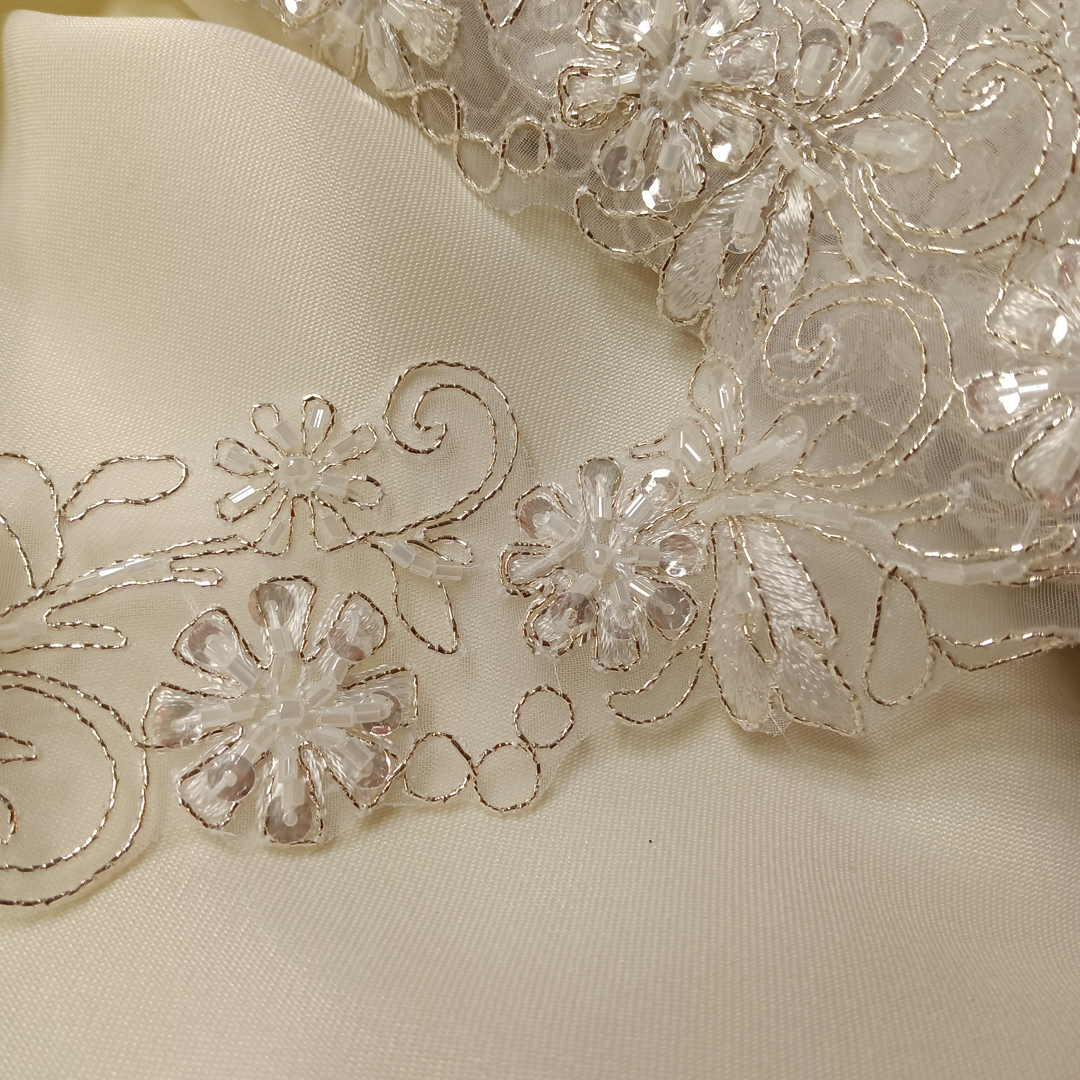 Beaded & Corded Lace Trimming Embroidered on 100% Polyester Organza | Lace USA - 96283N-BP
