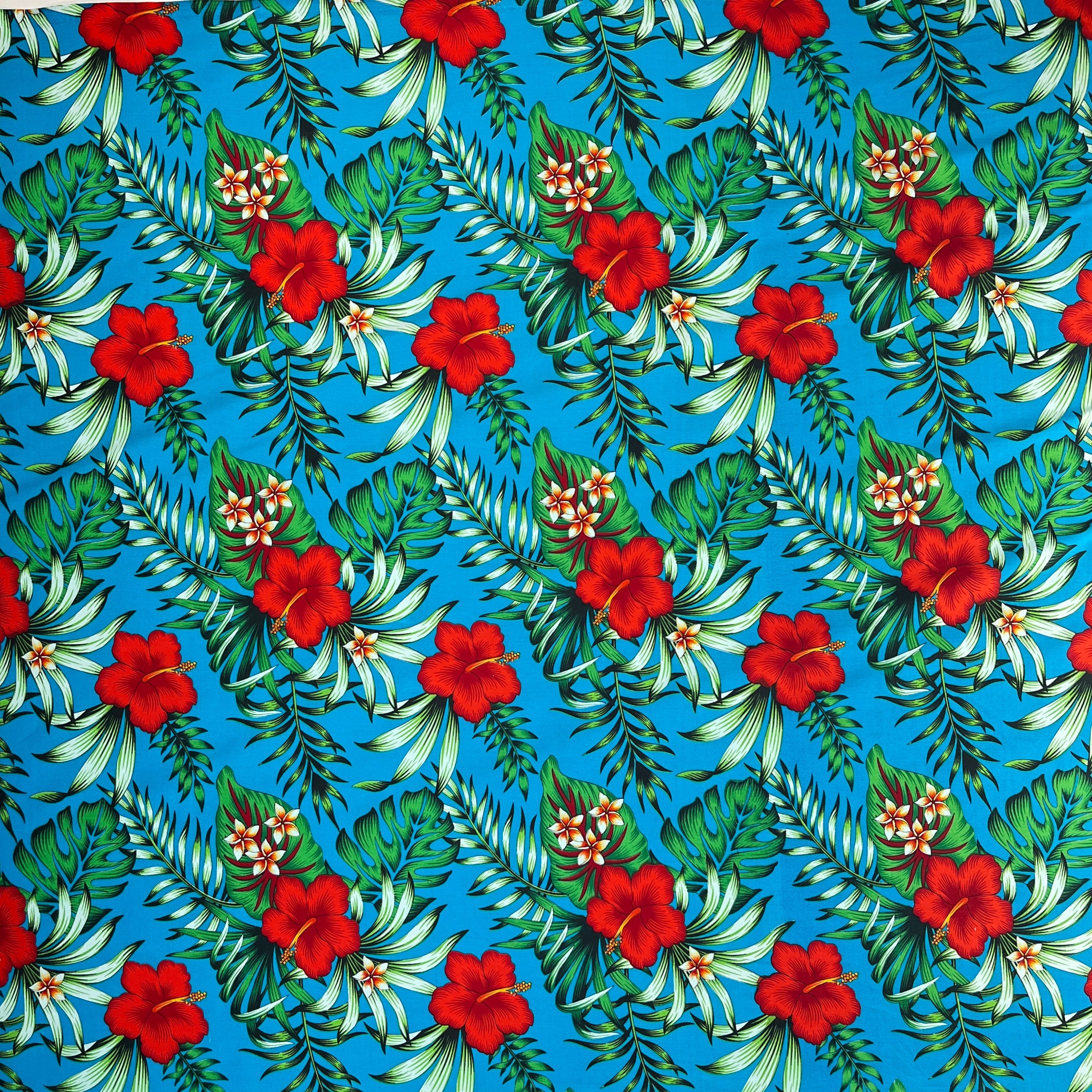 Hibiscus Plumeria Tropical Leaves All Over Design Cotton Fabric | Islands Fabric