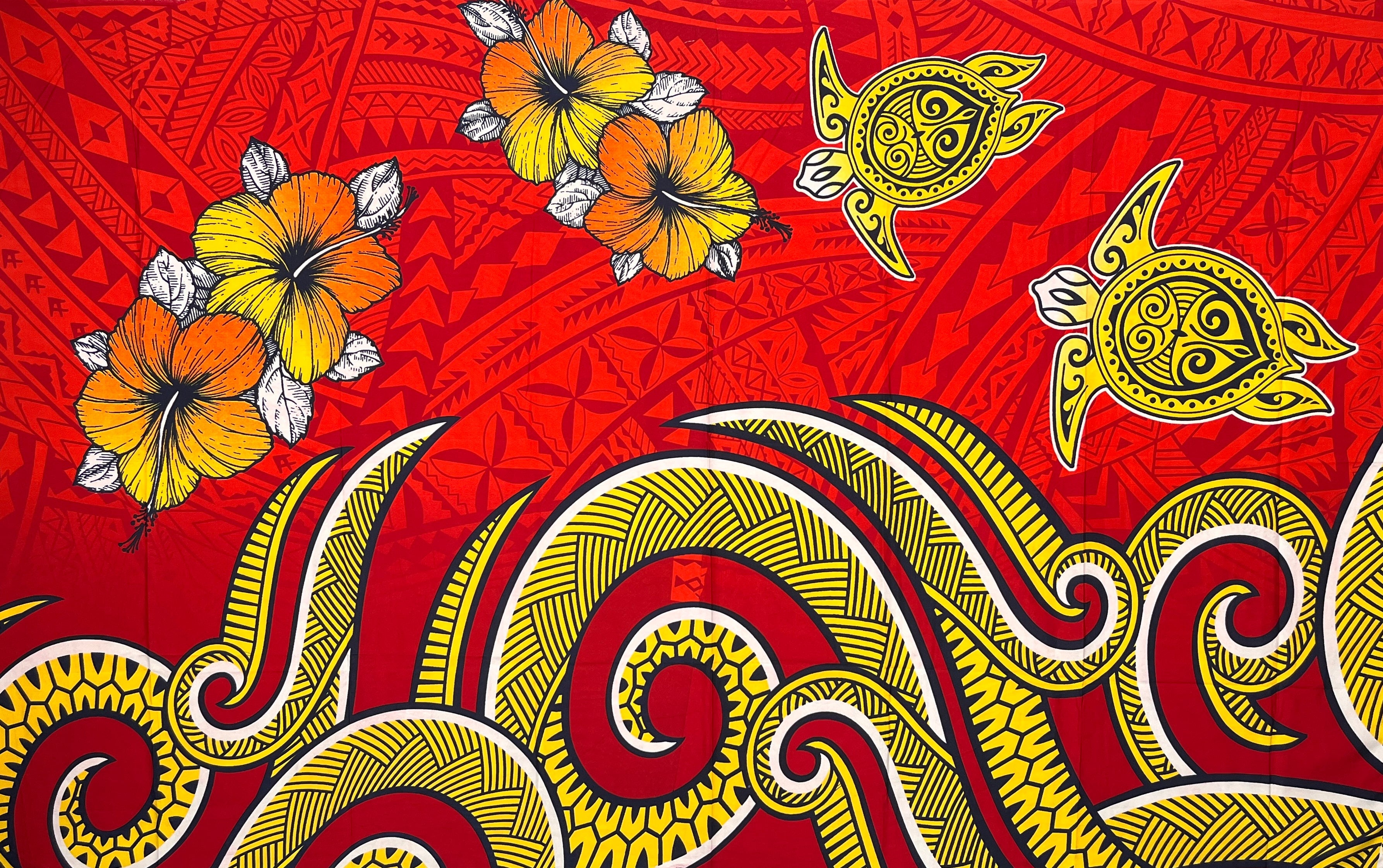 Hibiscus Turtles Waves Polyester Sarong | Islands Fabric