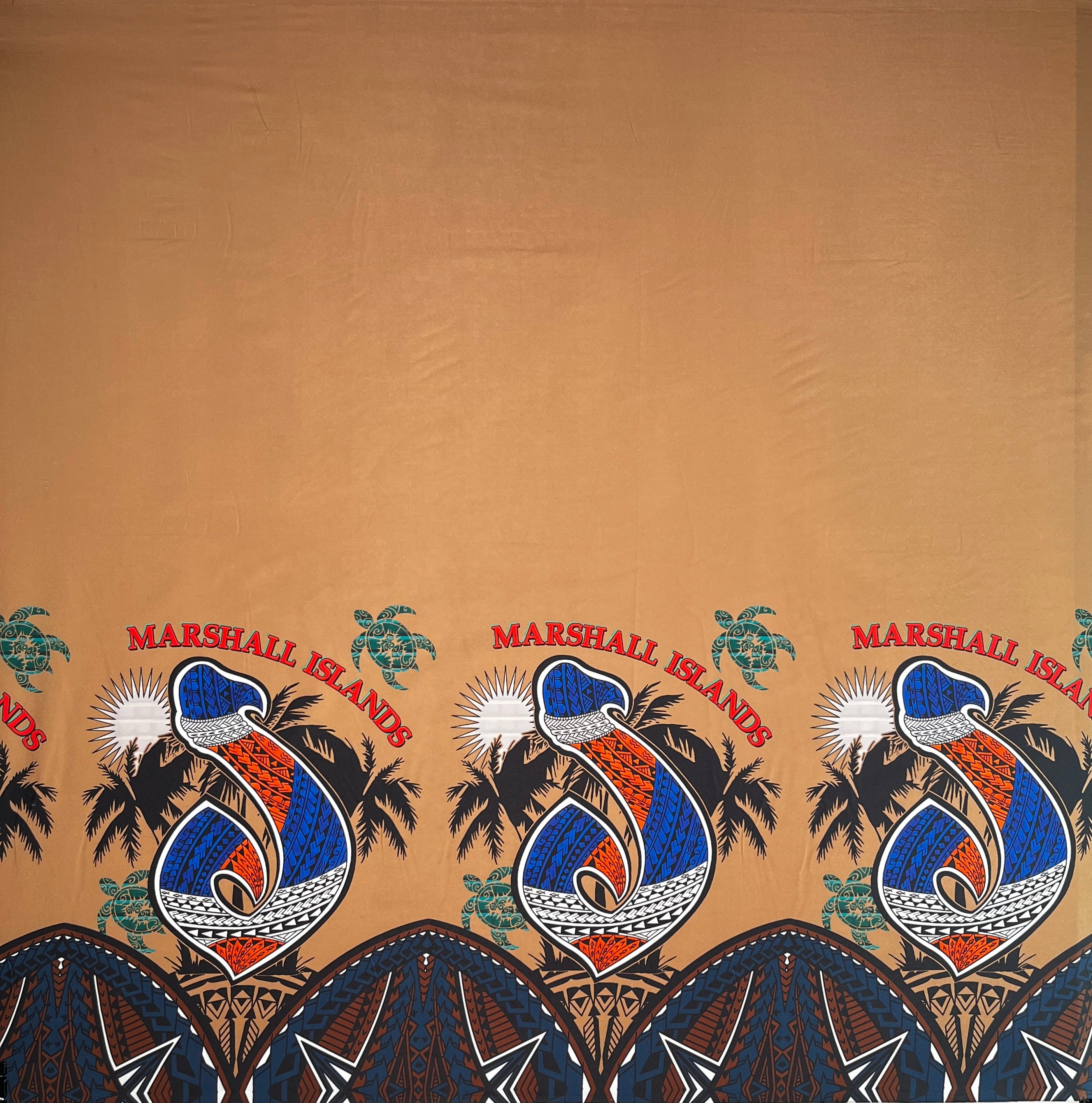 Marshall Islands Hook Palm Trees Sea Turtles Single Border Peachskin Fabric | Islands Fabric
