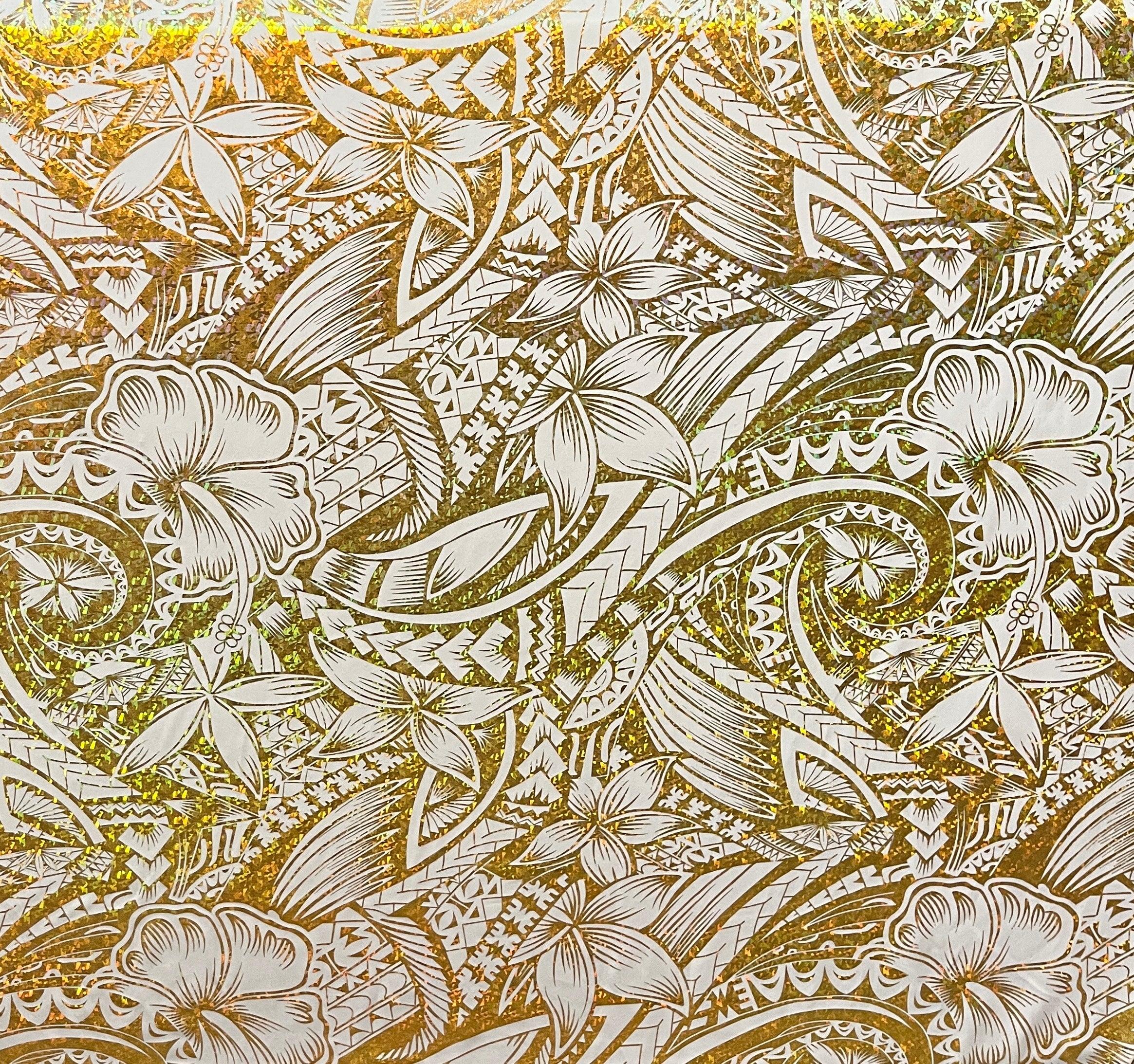 Hibiscus Plumeria Polynesian Tattoo Polyester Foil Fabric | Islands Fabric