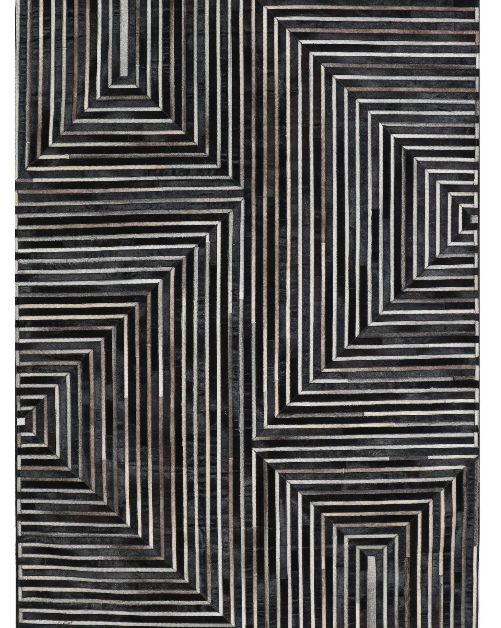 Geometric Earth-Tone Cowhide Rug – Black Base with Brown, Ivory & Grey Patchwork - Patchwork PCH212 Black