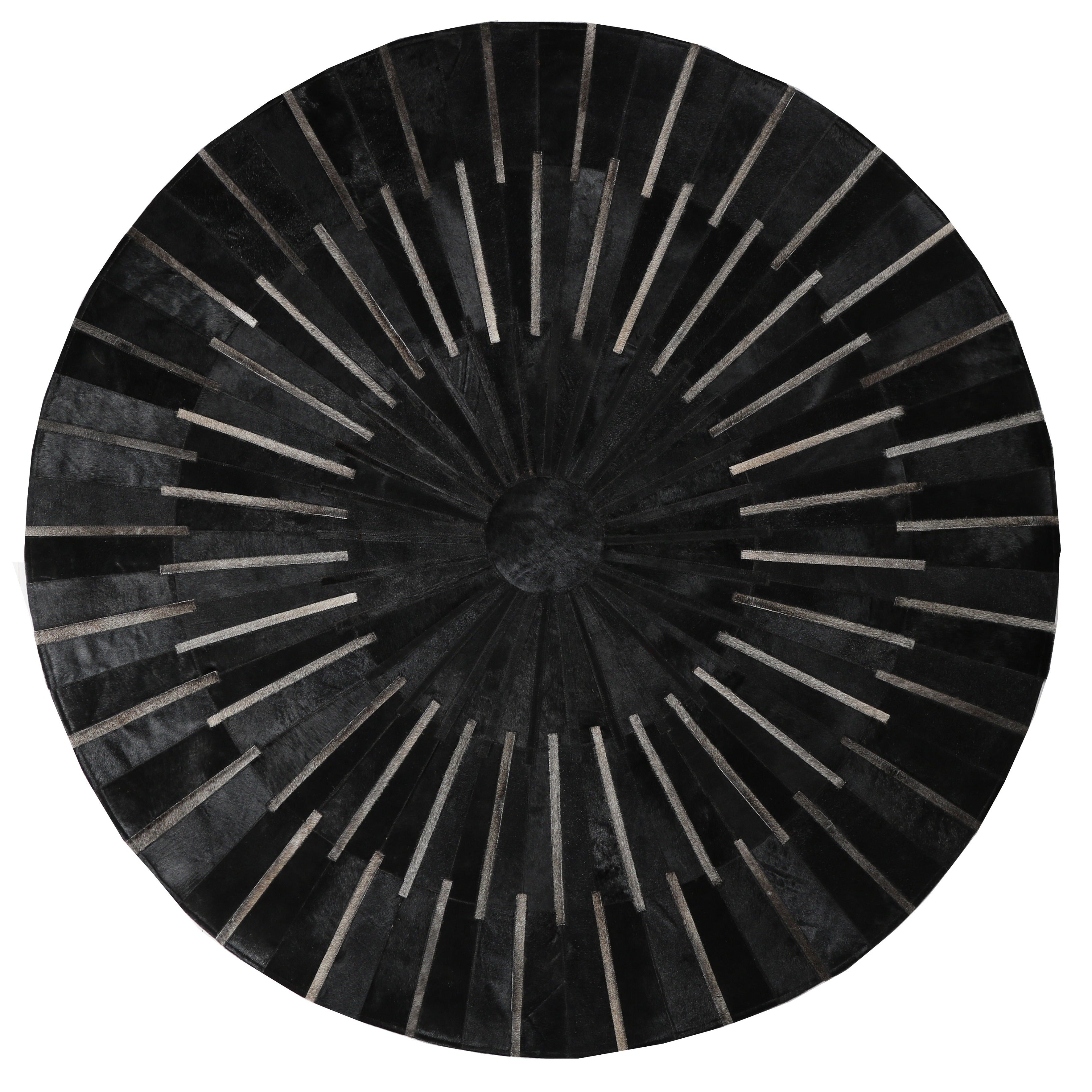 Geometric Round Cowhide Patchwork Rug – Black with Charcoal Stripes - Patchwork PCH216 Round
