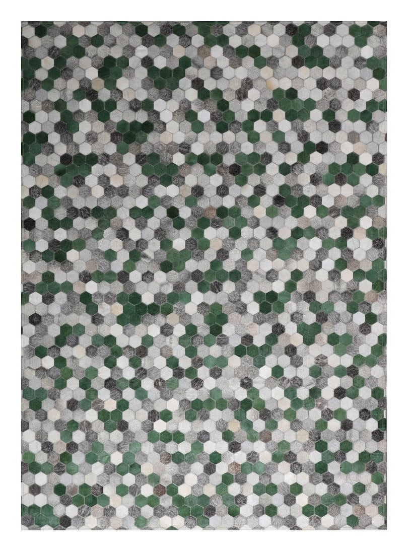 Earth-Tone Geometric Octagon Rug – Cowhide Patchwork Design in Green, Grey & Natural Shades - Patchwork PCH220 Green