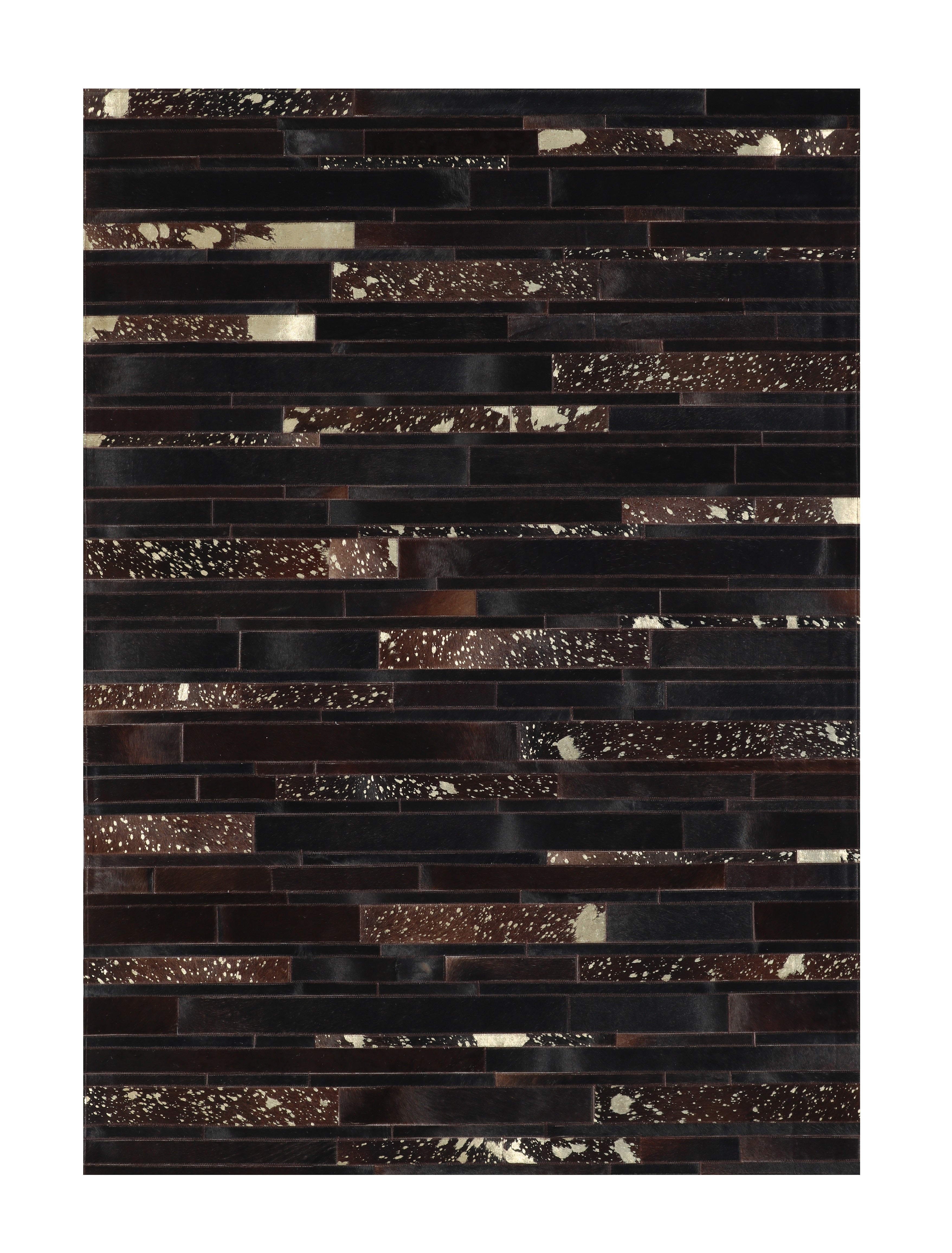Geometric Cowhide Patchwork Rug – Deep Brown & Auburn Stripes with Gold Accents - Patchwork PCH213