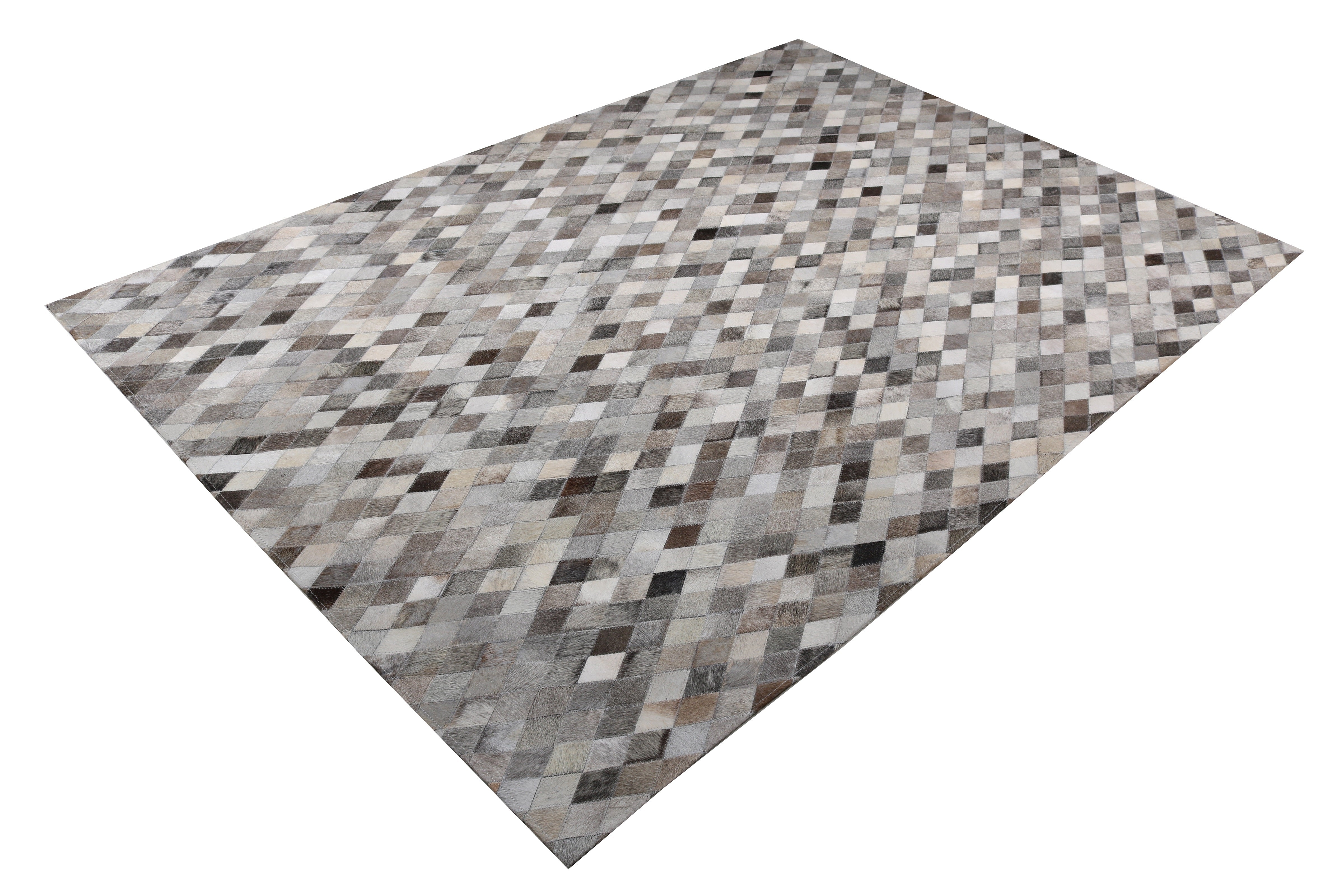 Geometric Cowhide Patchwork Rug – Brown & Cream Diamond Pattern - Patchwork PCH224