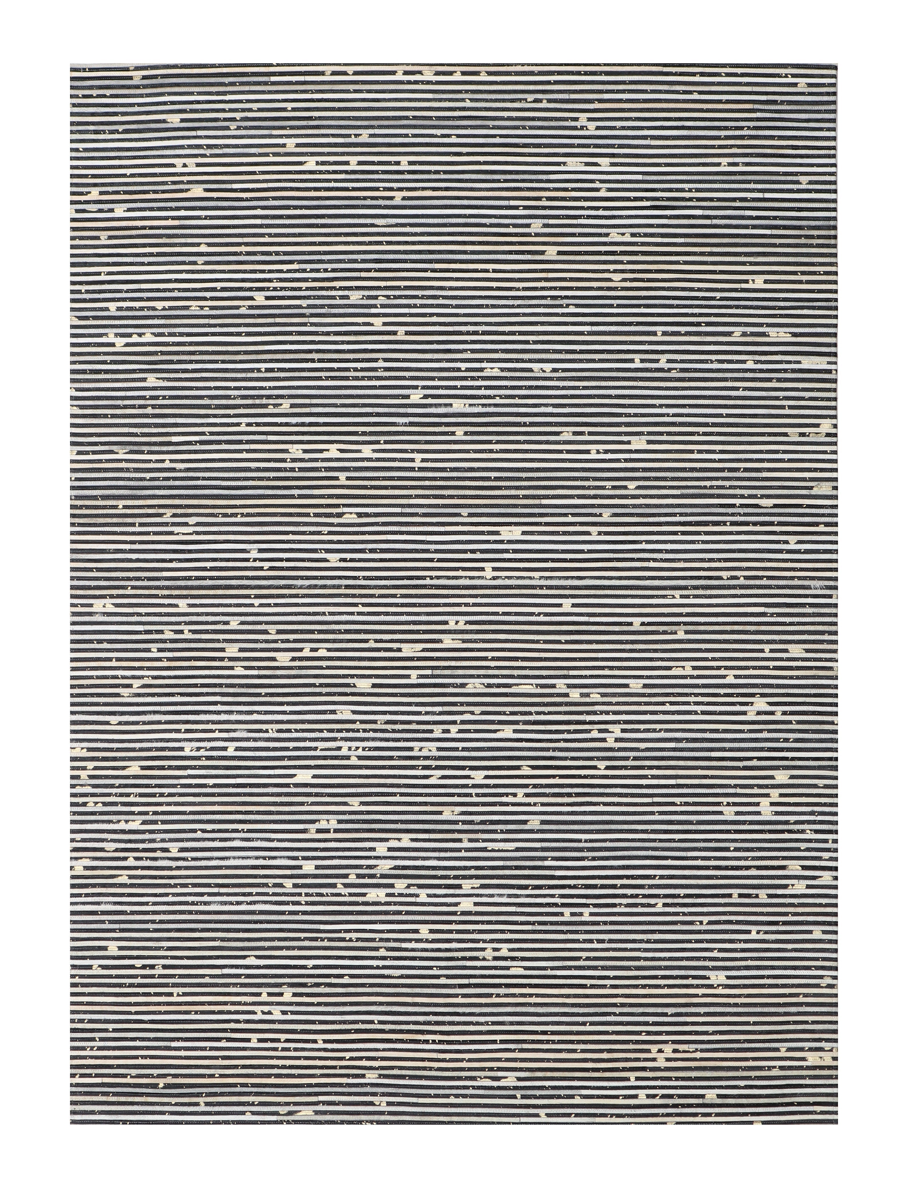 Cream & Black Geometric Cowhide Rug – Striped Patchwork with Gold Accents - Patchwork PCH222
