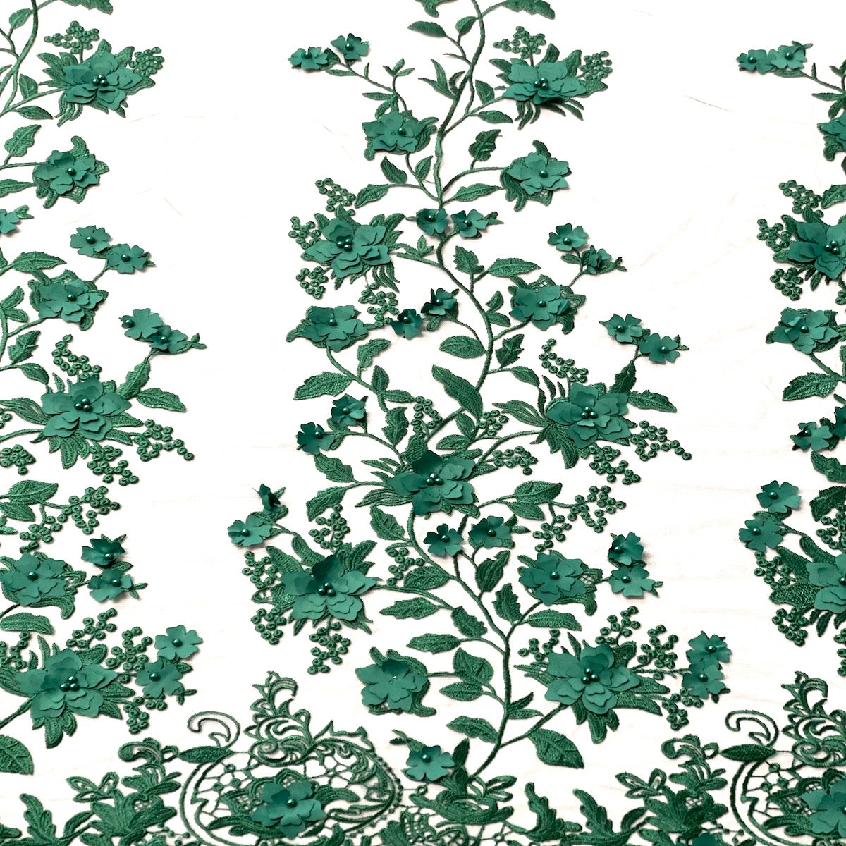 3D Embroidered Satin Floral Pearl Lace Fabric