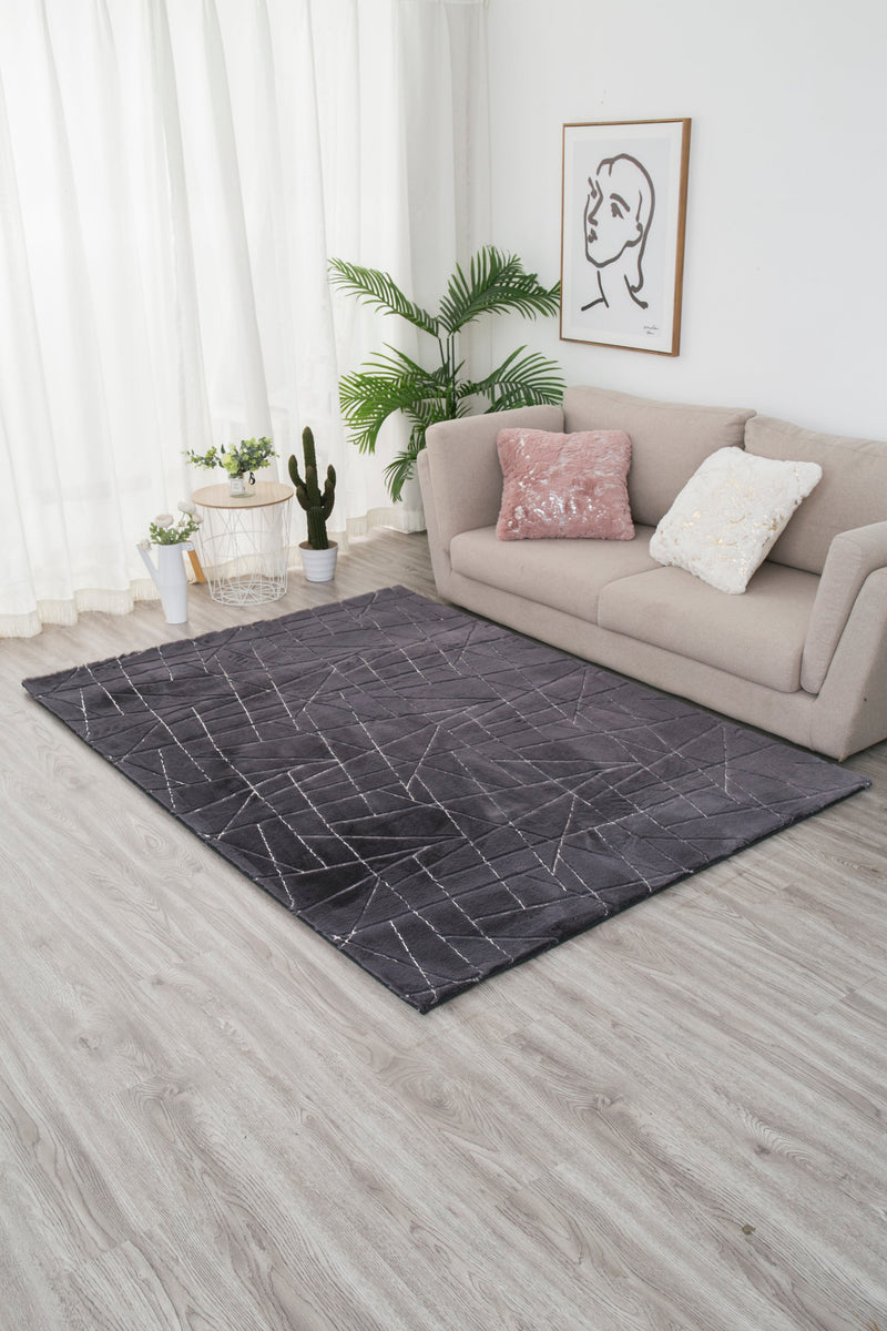 Charcoal Lines with Silver Metallic Shimmery Design Faux Rabbit Touch Rug