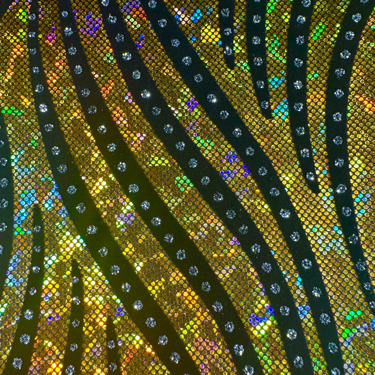 Zebra Flock on Shattered Holo Stretch Nylon Spandex Fabric | Spandex Palace