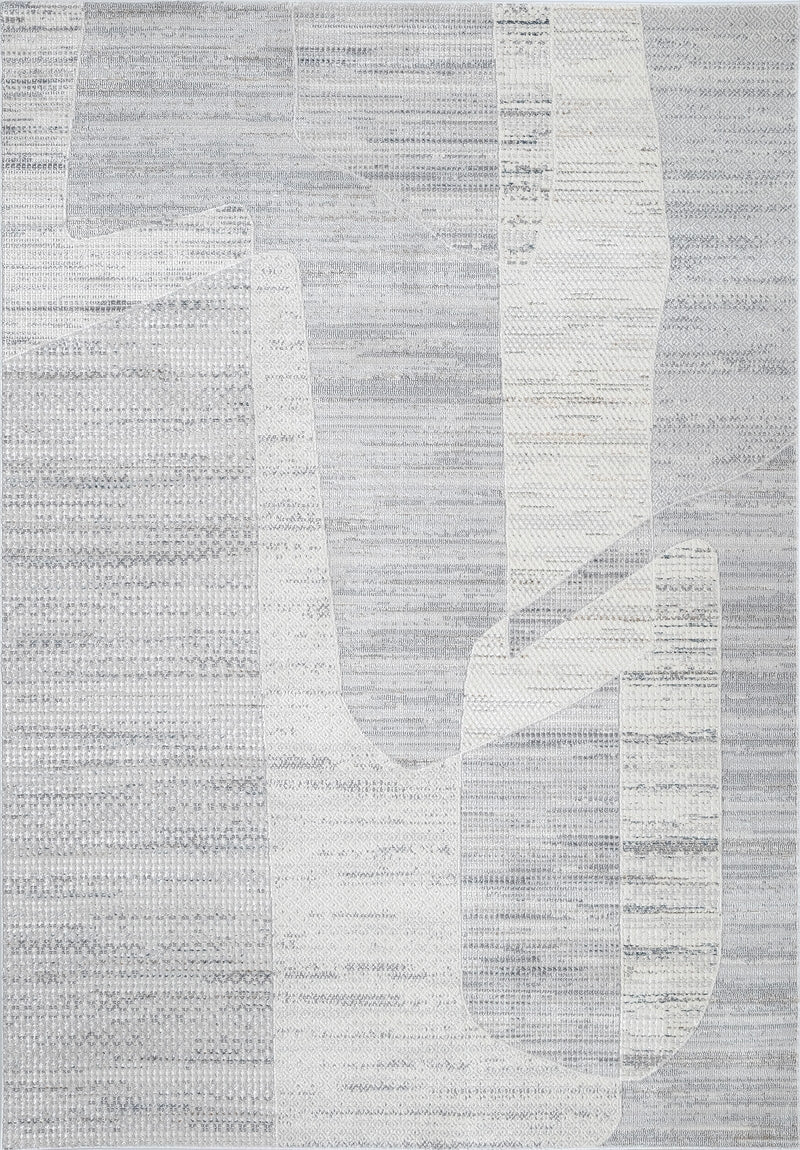 High-Low Textured Cream Rug with Ivory Viscose Geometric Design and Bronze, Blue & Grey Accents - KAI 202