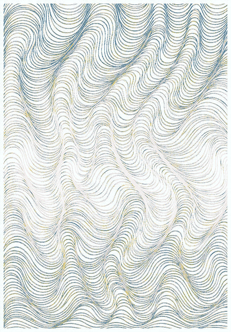 Modern Cream Rug with Blue, Gold-Brown & Silver Viscose Swirl Accents - KAI 304
