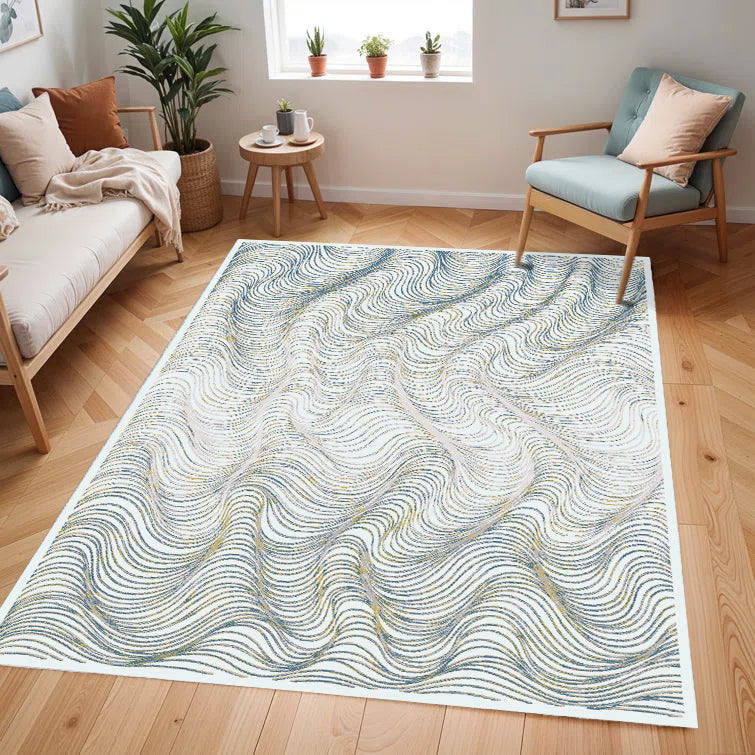 Modern Cream Rug with Blue, Gold-Brown & Silver Viscose Swirl Accents - KAI 304
