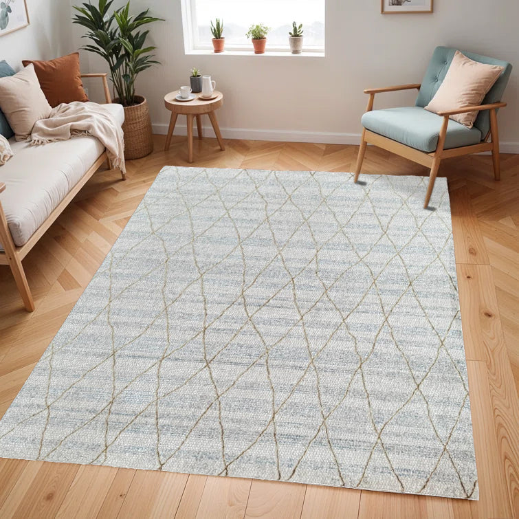 Cream High-Low Texture Rug with Blue, Gray & Gold-Brown Argyle Design - KAI 305