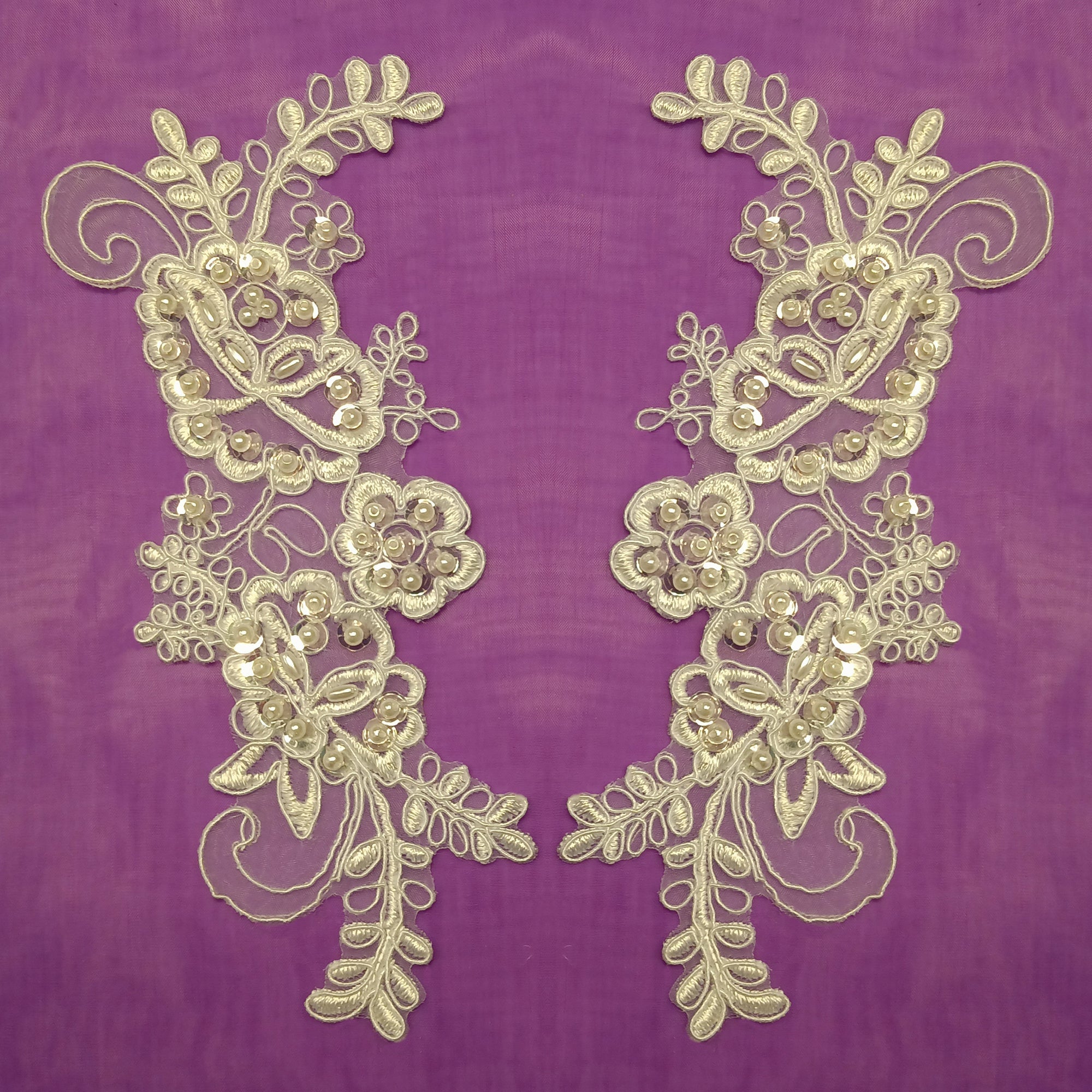 Beaded & Corded Lace Applique Embroidered on 100% Polyester Organza | Lace USA - KZ-66