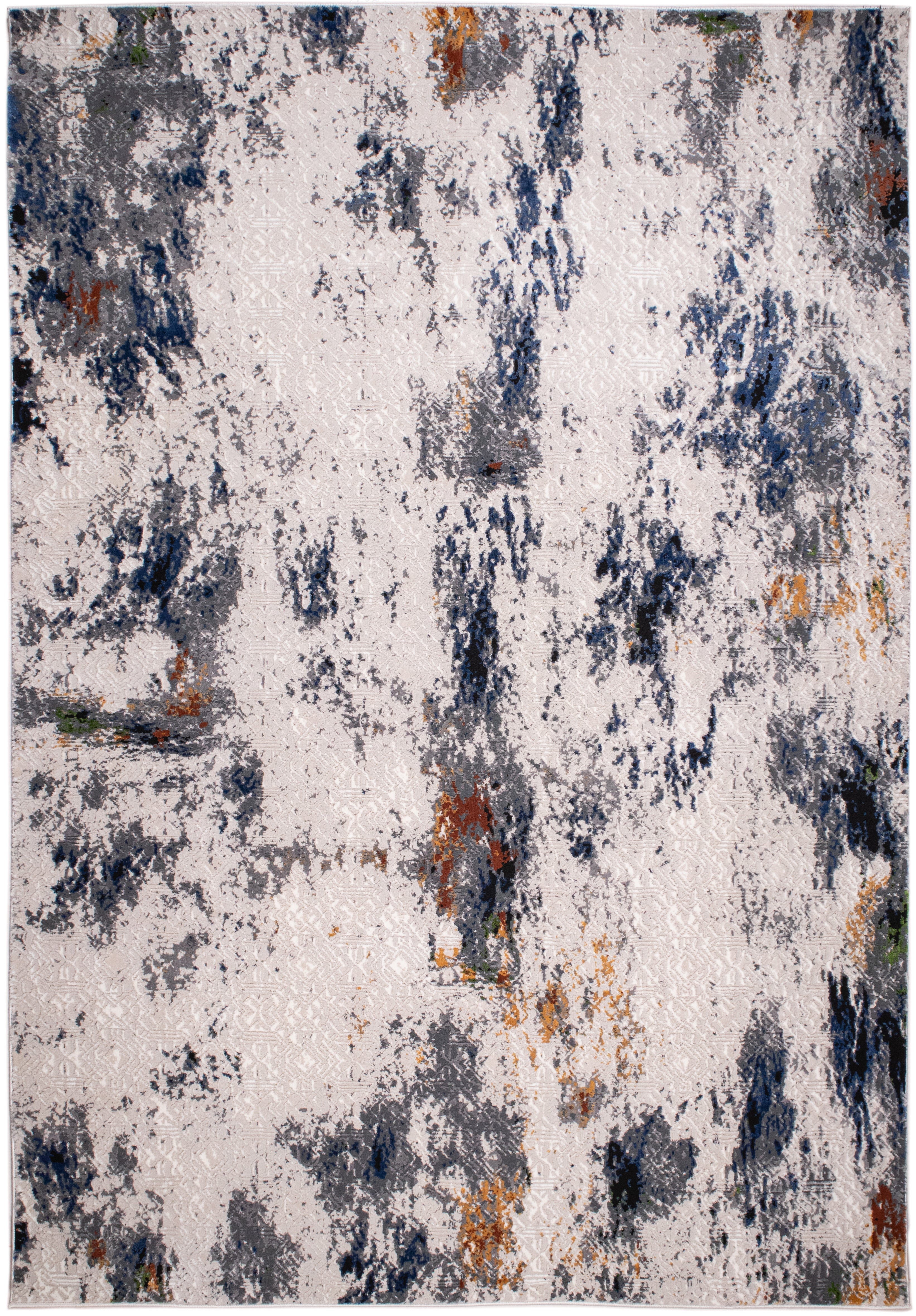 Cream Abstract Rug with Silver, Charcoal, Black, Red-Brown, Mustard, Ocean Blue & Green Accents.