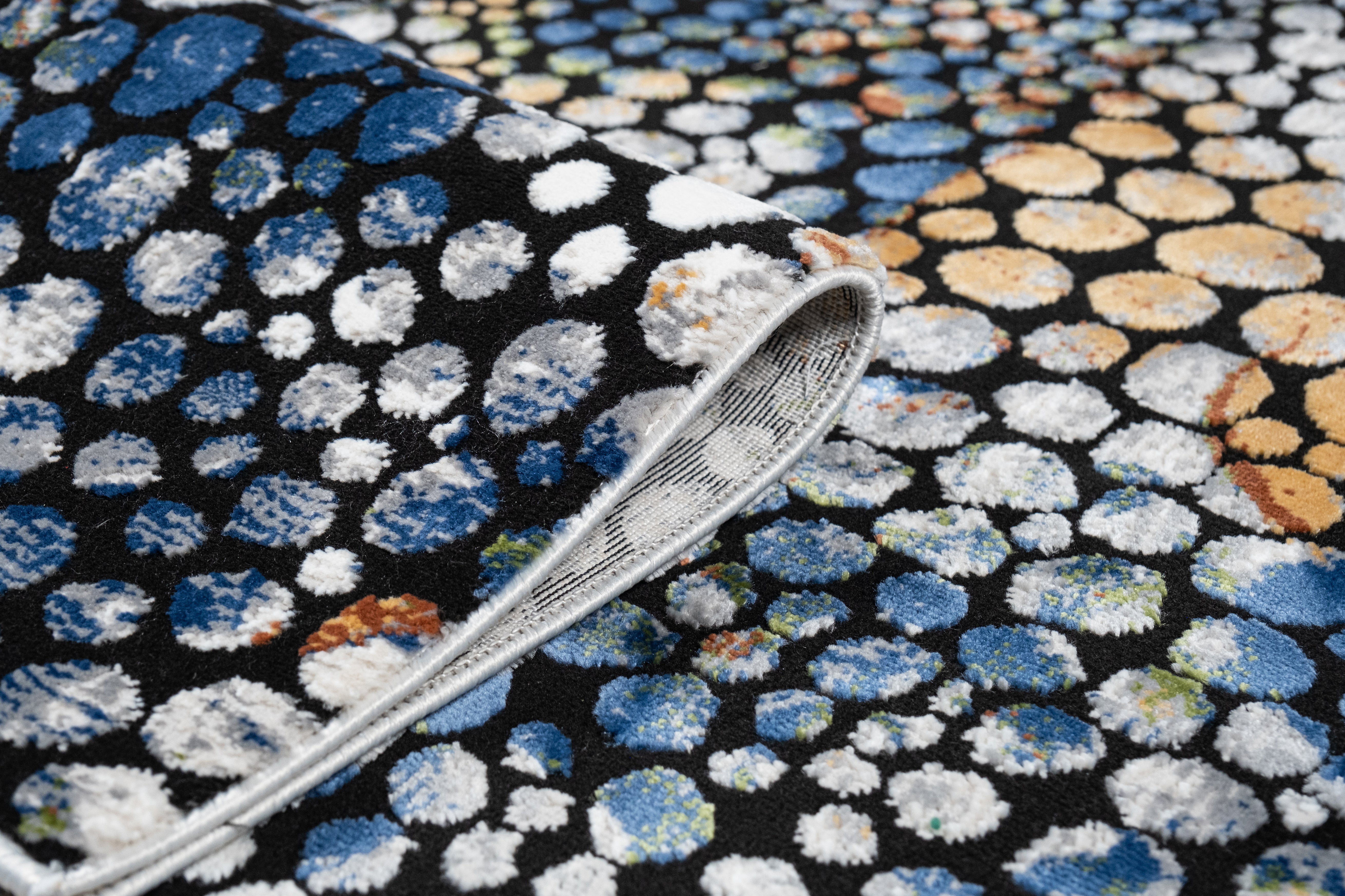 Abstract Spotted Rug – Black with Silver, Charcoal, Red-Brown, Mustard, Green, and Deep Blue Highlights.