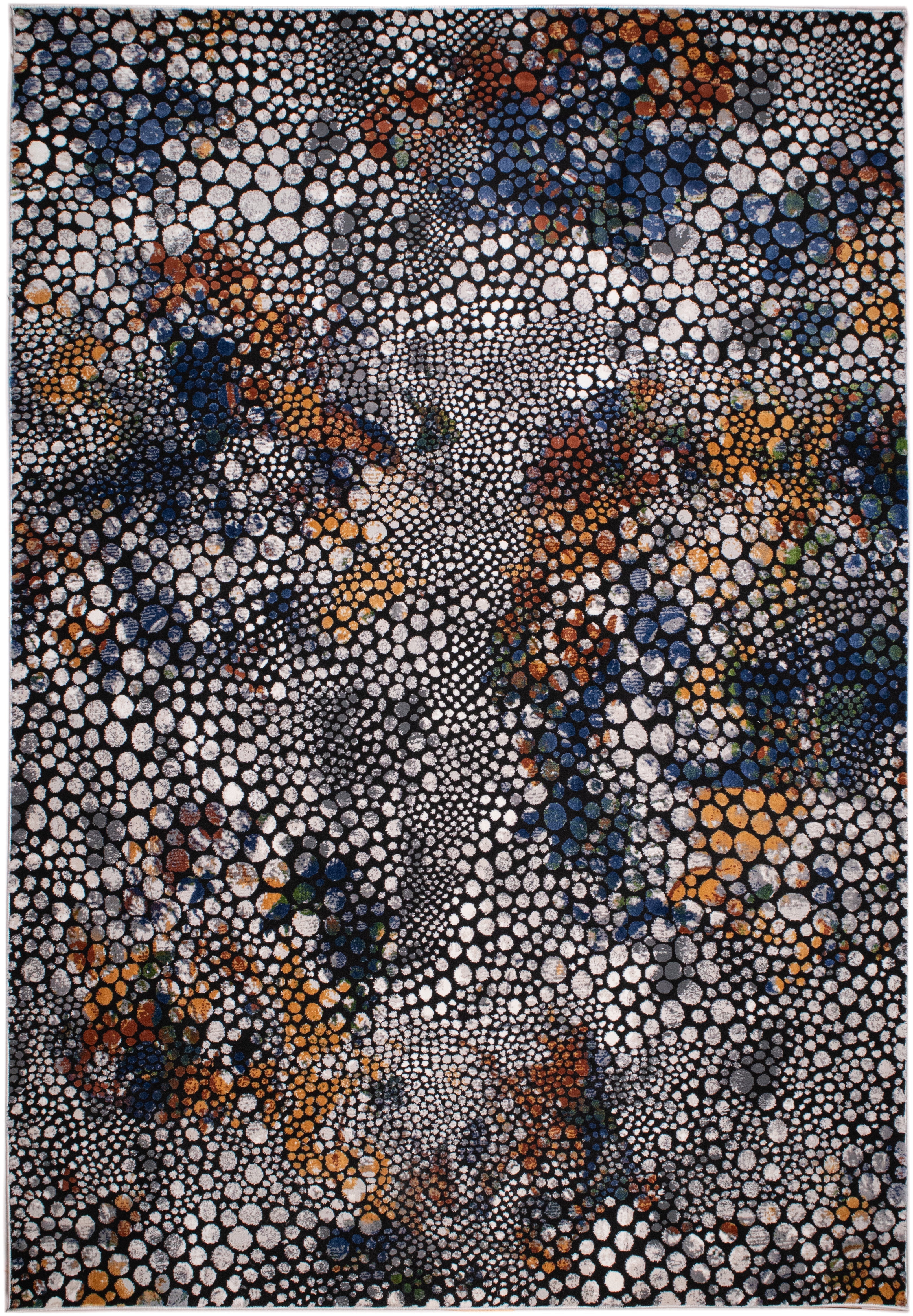 Abstract Spotted Rug – Black with Silver, Charcoal, Red-Brown, Mustard, Green, and Deep Blue Highlights.