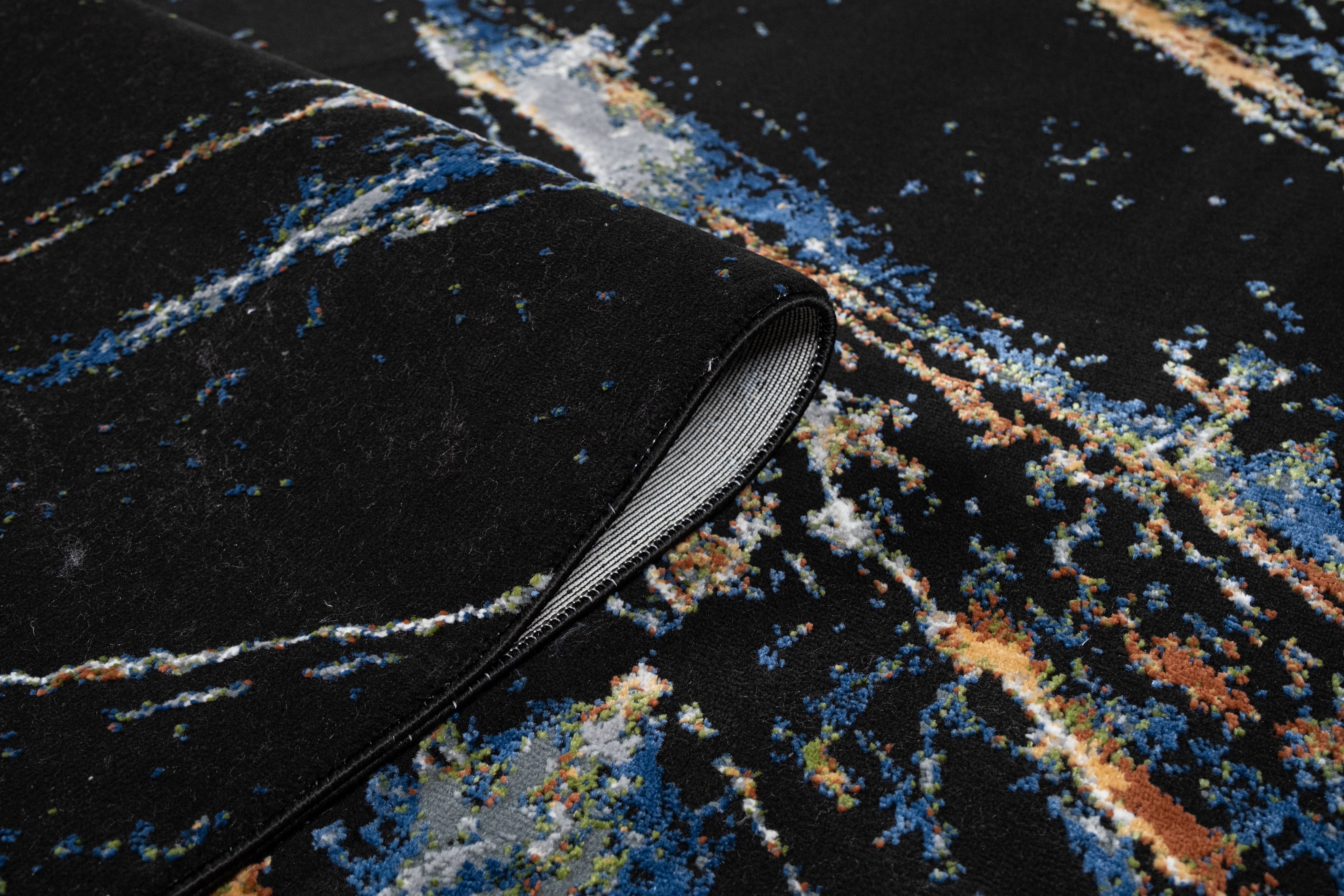 Modern Black Abstract Rug with Silver, Mustard, Red-Brown, Green & Ocean Blue Marbling.