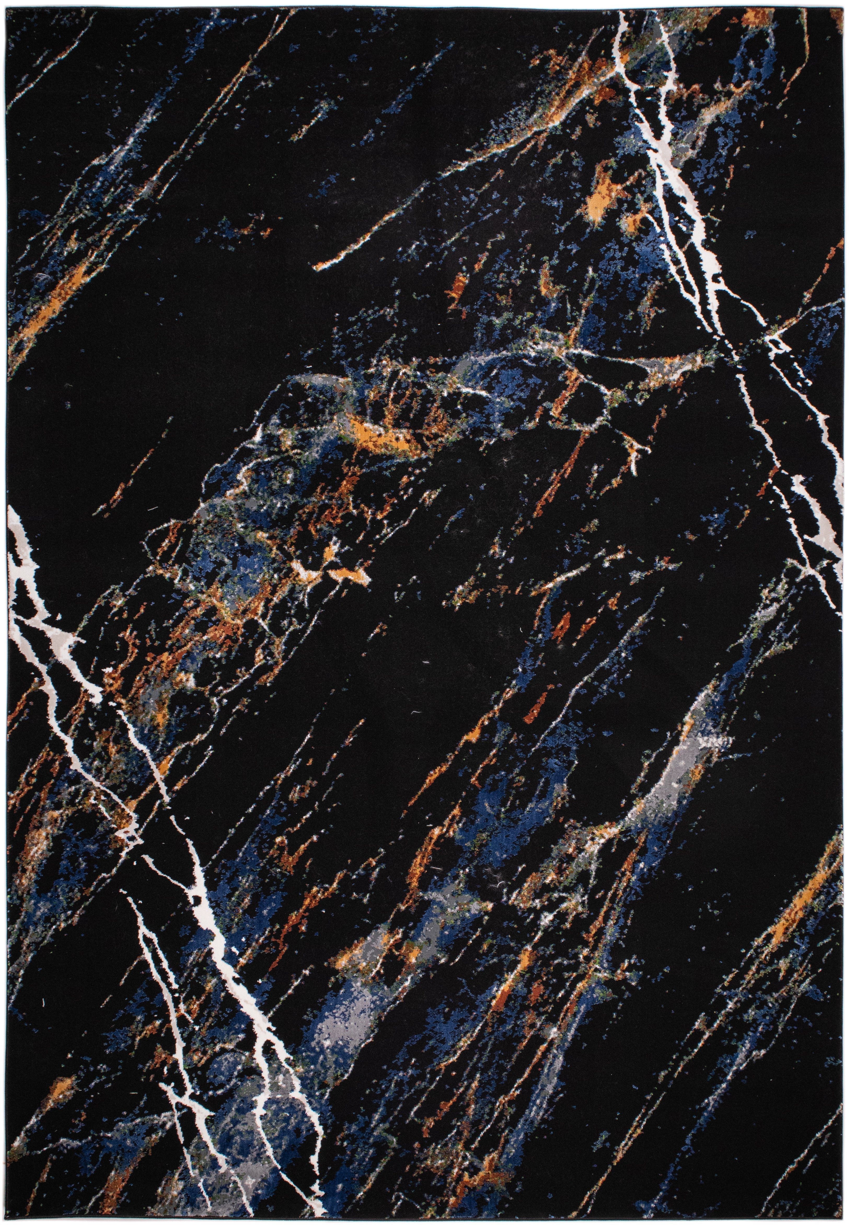 Modern Black Abstract Rug with Silver, Mustard, Red-Brown, Green & Ocean Blue Marbling.