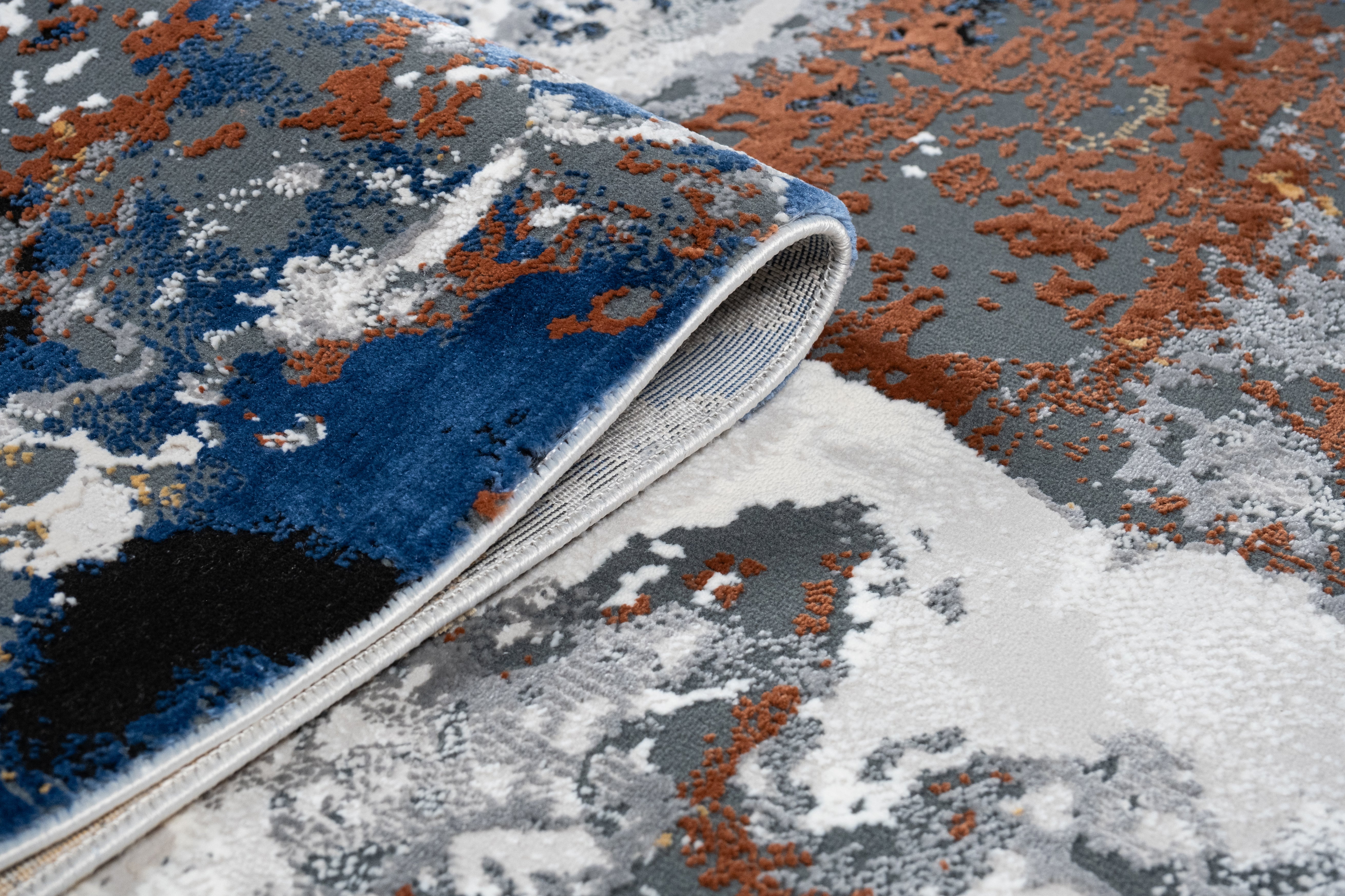 Grey Marble Abstract Rug with Red-Brown, Tan, Cream & Ocean Blue Accents and hits of Black.