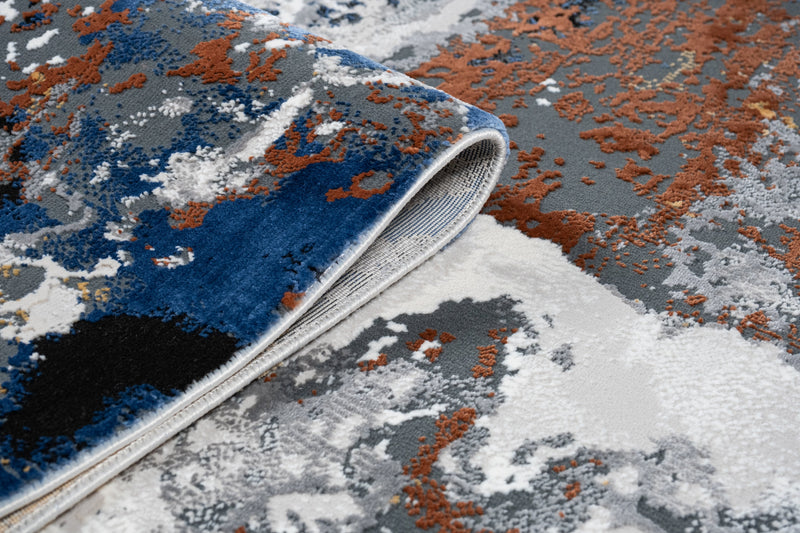 Grey Marble Abstract Rug with Red-Brown, Tan, Cream & Ocean Blue Accents and hits of Black.