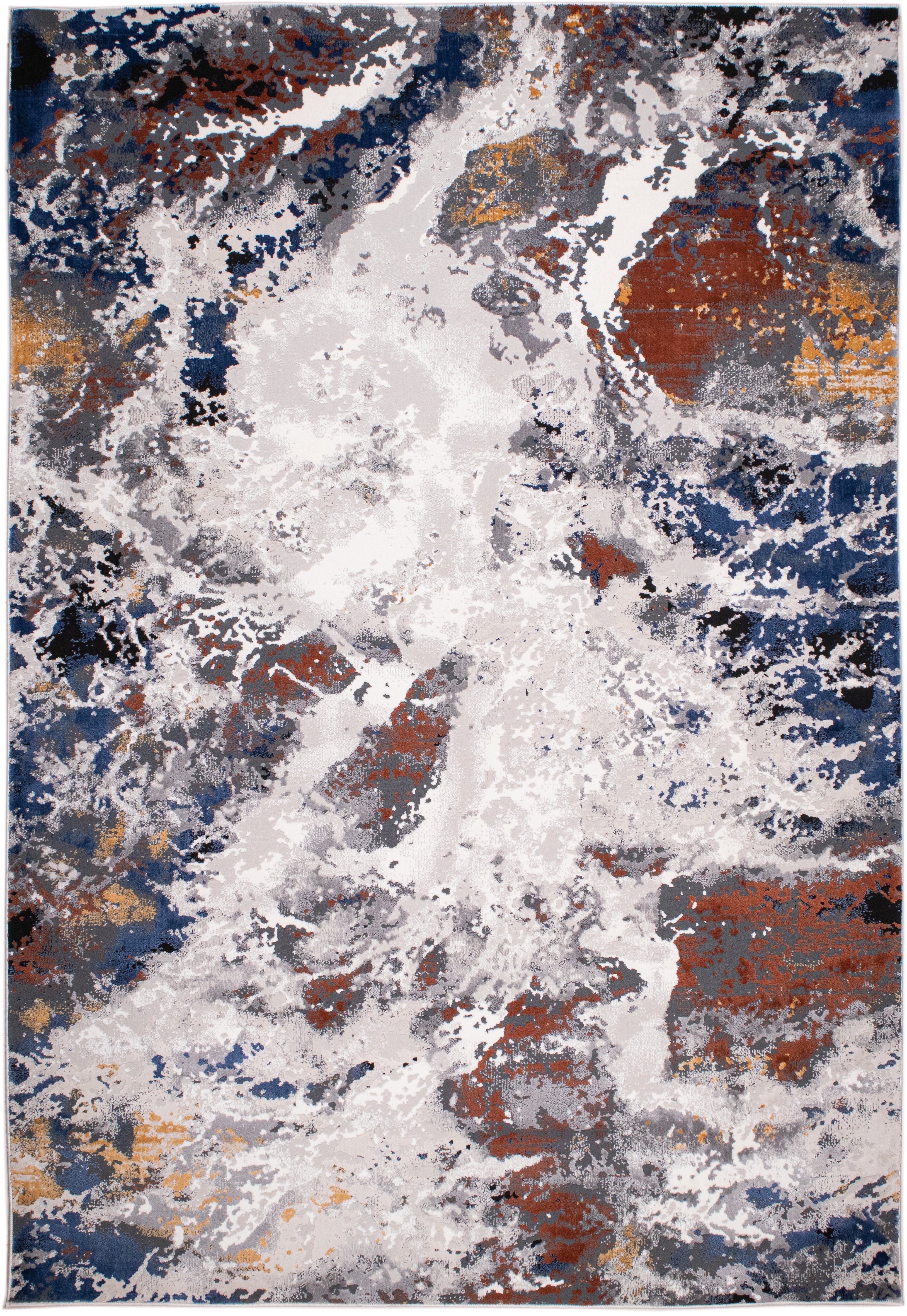 Grey Marble Abstract Rug with Red-Brown, Tan, Cream & Ocean Blue Accents and hits of Black.