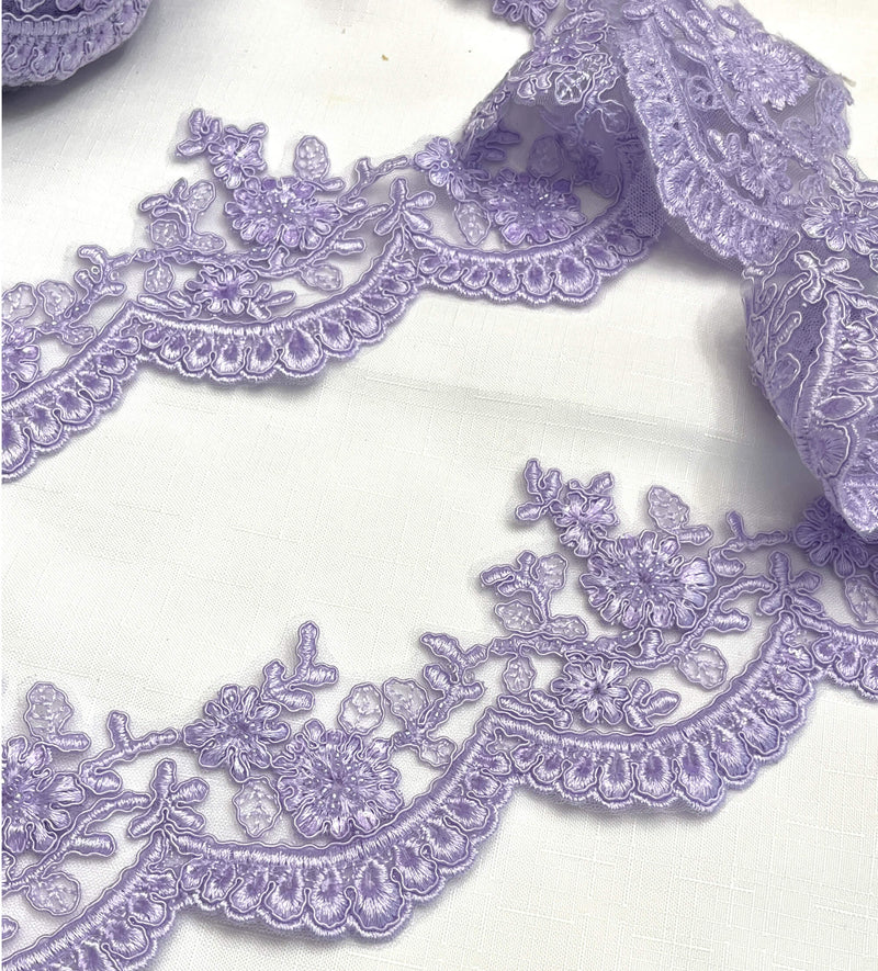 Beaded & Corded Floral scalloped Bridal Lace Trimming | Lace USA - 96215W-BP