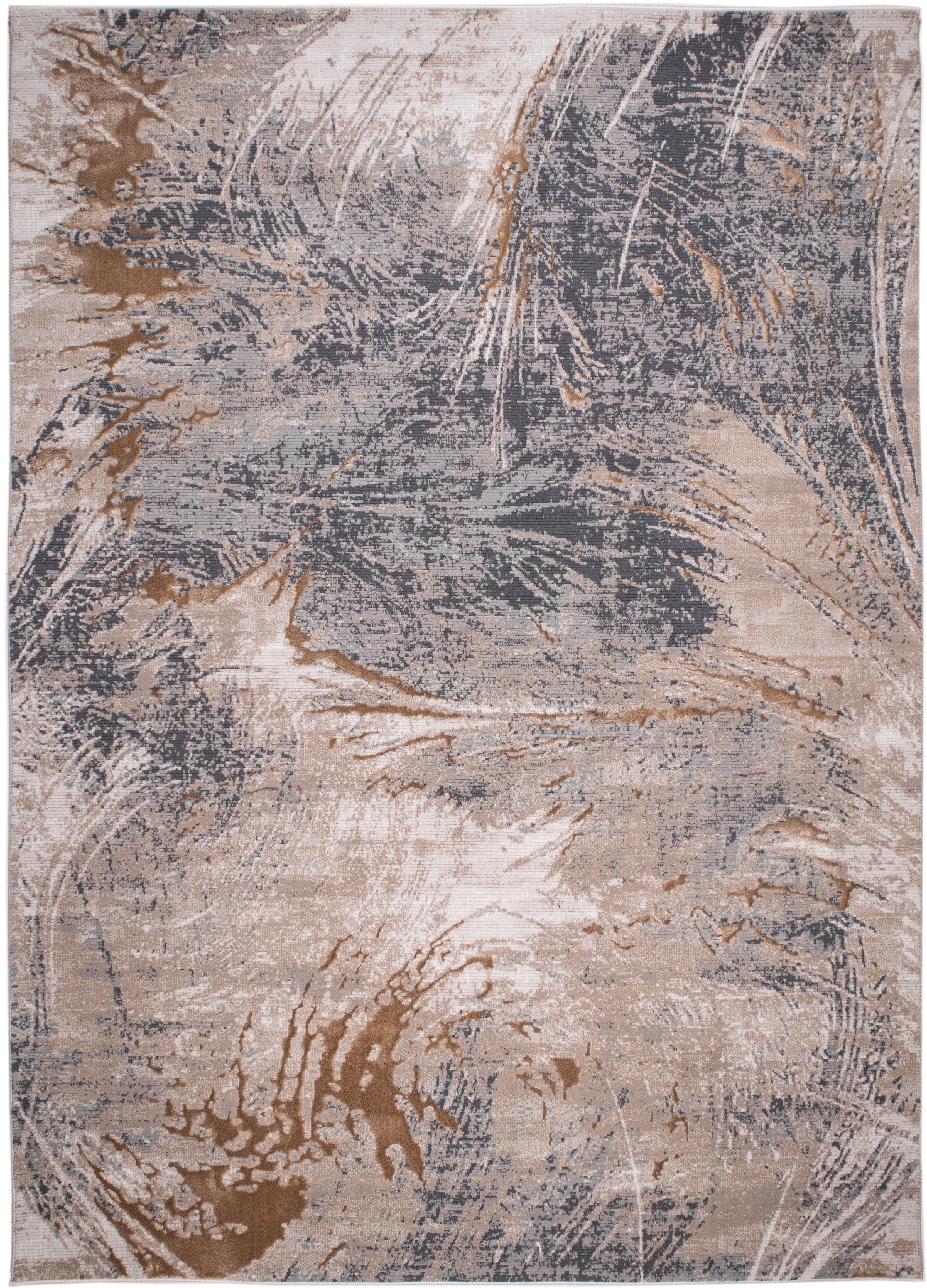 Crème Rug with Charcoal, Silver & Teal Marbled Abstract and Warm Mocha Tone-to-Tone High-Low Texture - METZ 4201.