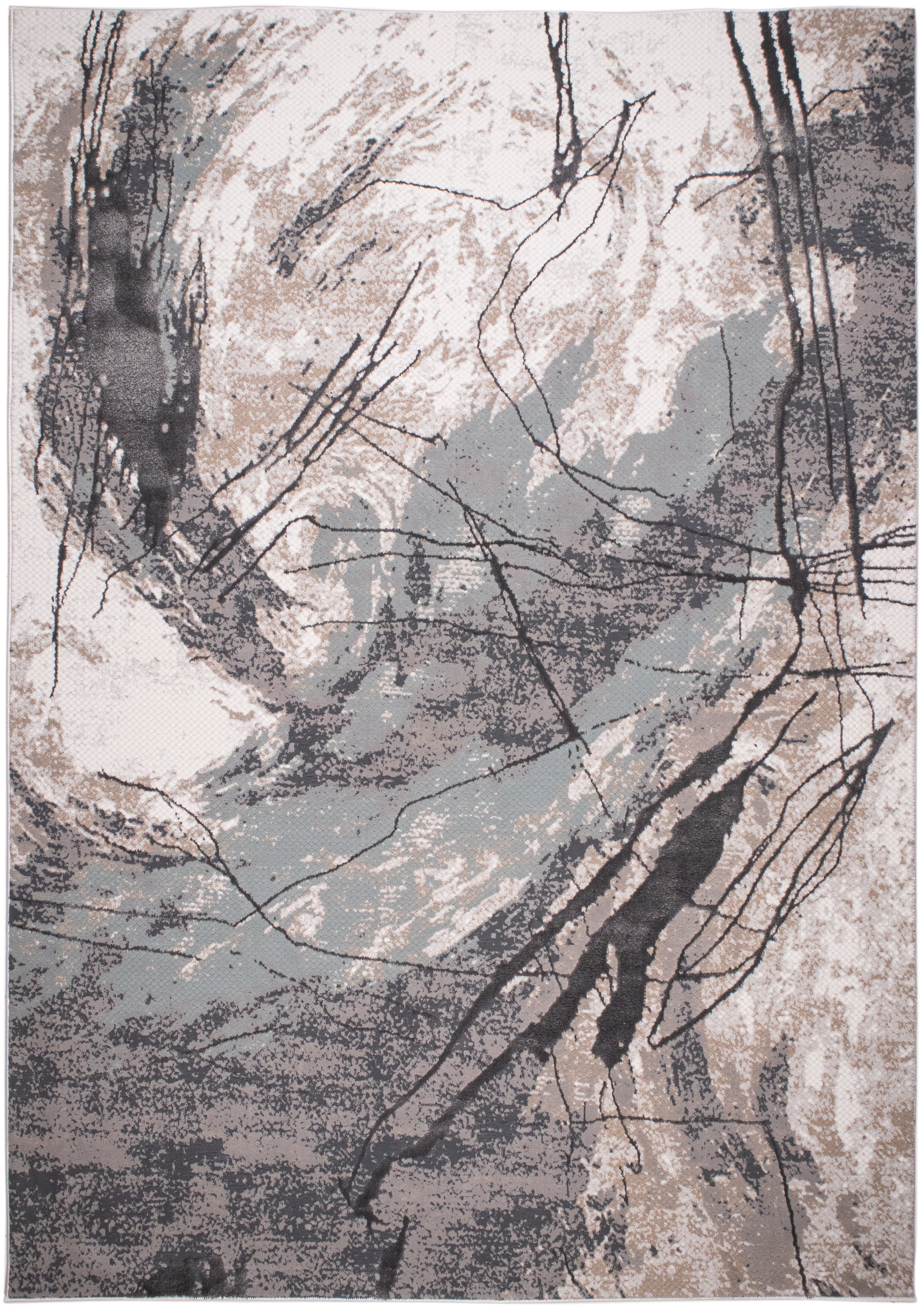 Abstract Marbled High-Low Rug in Crème Beige with Charcoal Tone-on-Tone Design, Faded Teal & Mocha Accents - METZ 4202.