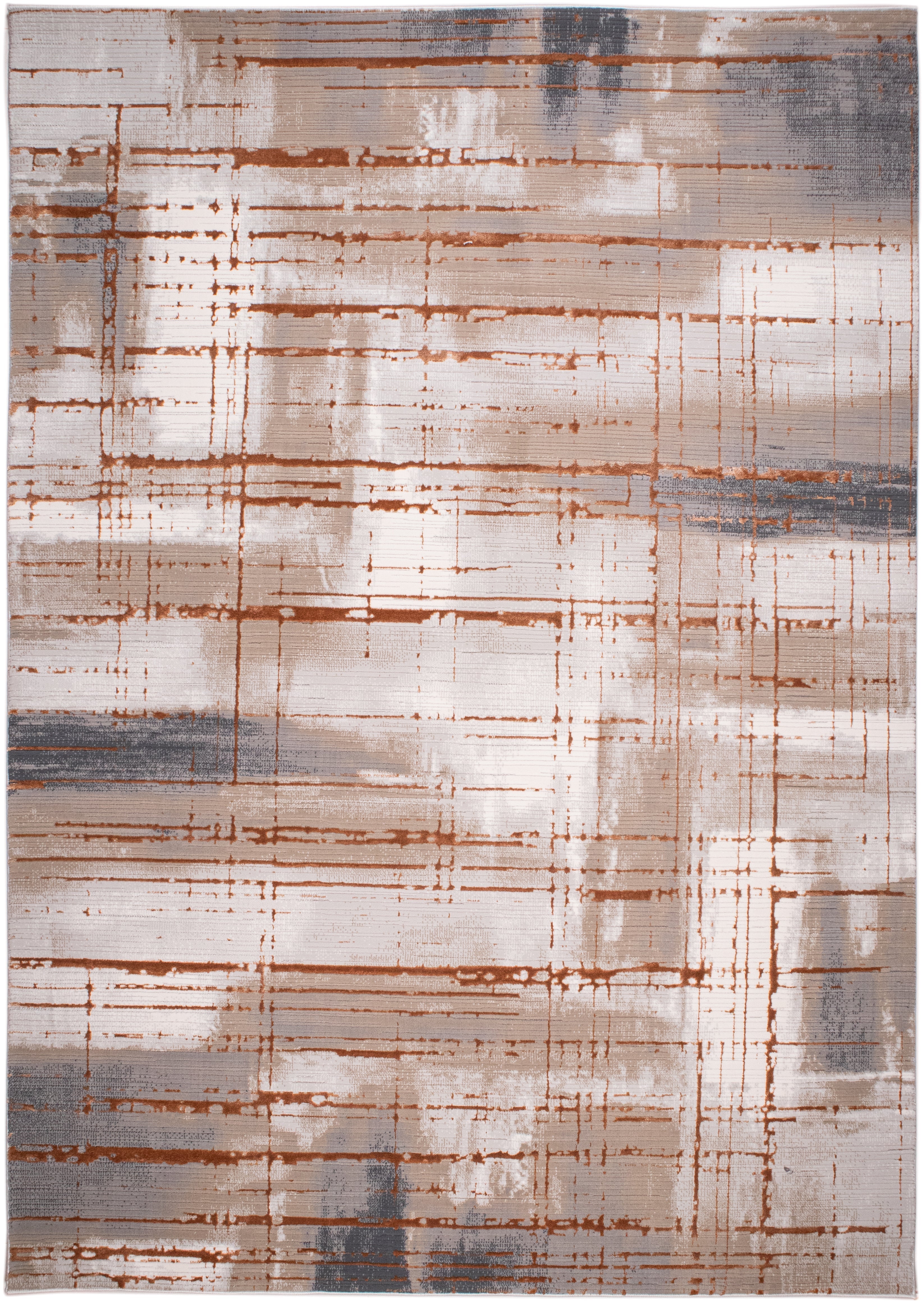 Crème Rug with Charcoal, Silver & Mocha Abstract with Bronze Tone-to-Tone Geometric High-Low Texture - METZ 4203.