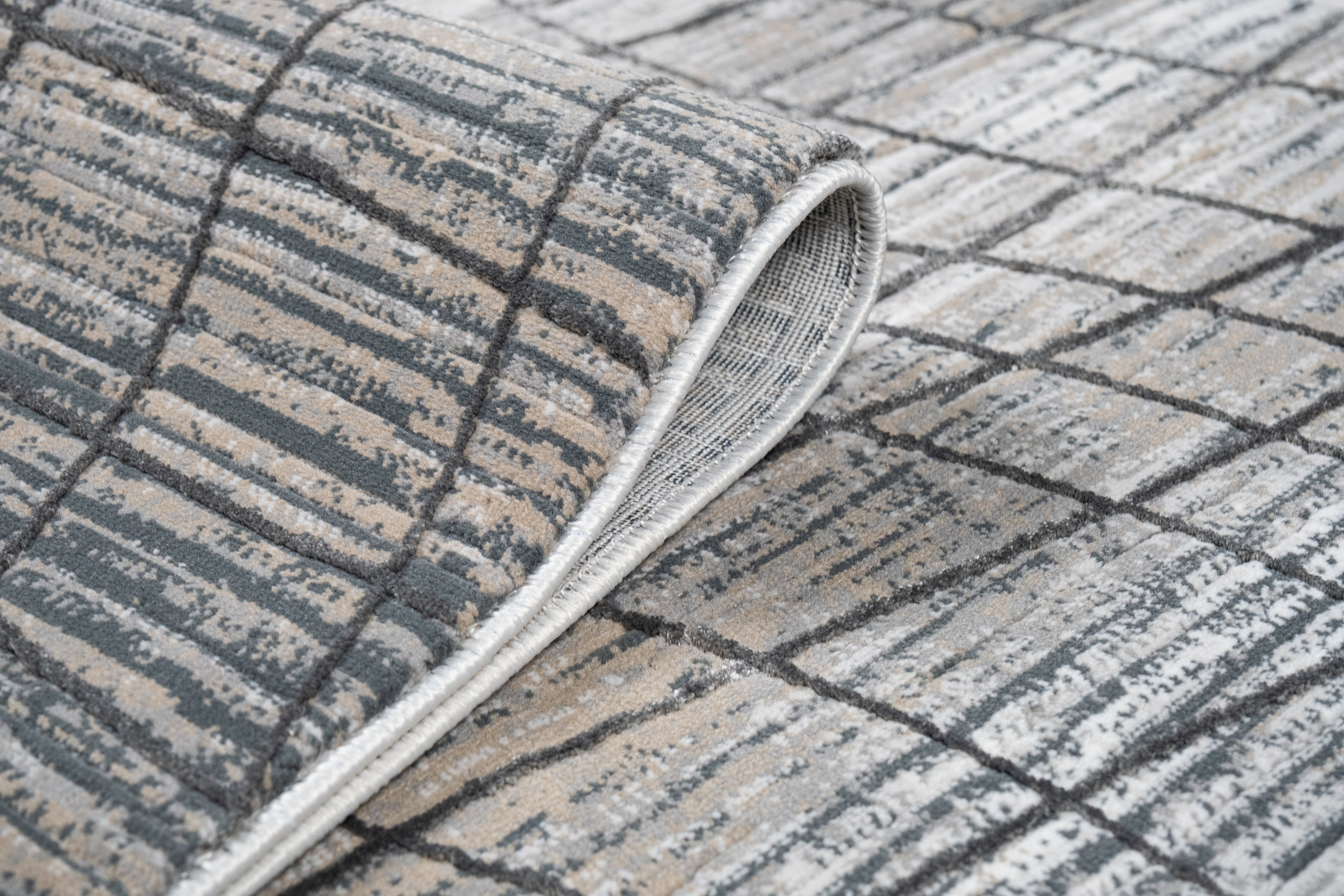 Crème Rug with Mocha & Beige Abstract Design and Charcoal Checker High-Low Pattern - METZ 4204.